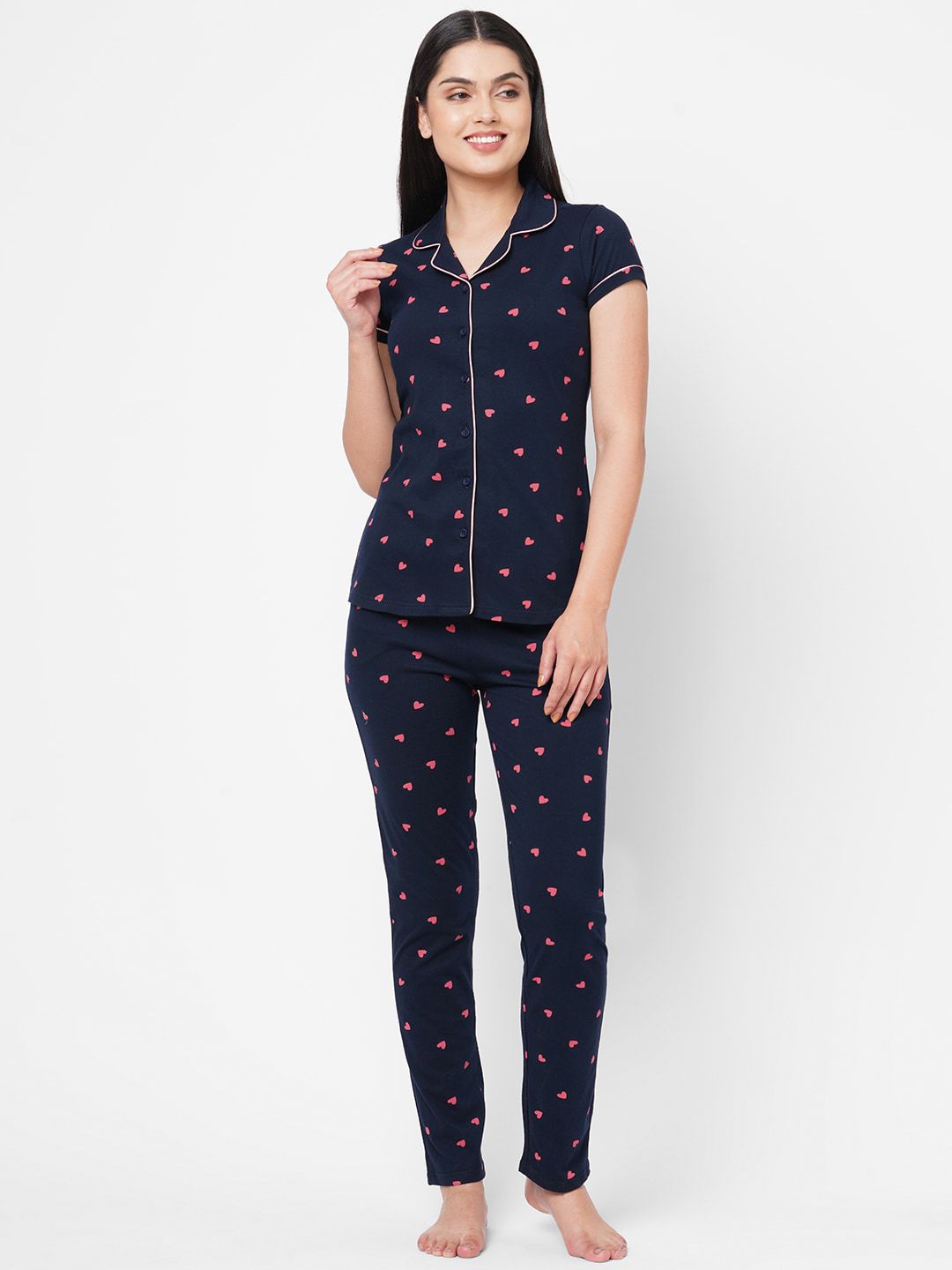 Sweet Dreams Women Navy Blue & Pink Printed Cotton Night suit Price in India