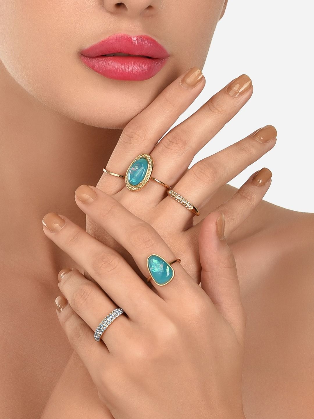 AMI Set of 5 Gold-Plated Turquoise Blue Stone-Studded Finger Ring Price in India