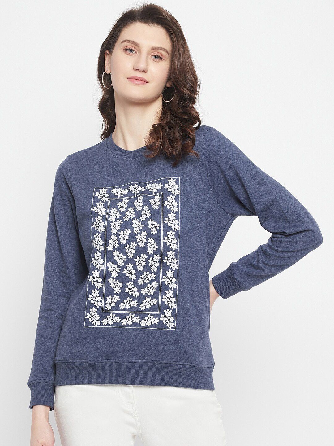 HARBORNBAY Women Navy Blue & White Printed Sweatshirt Price in India