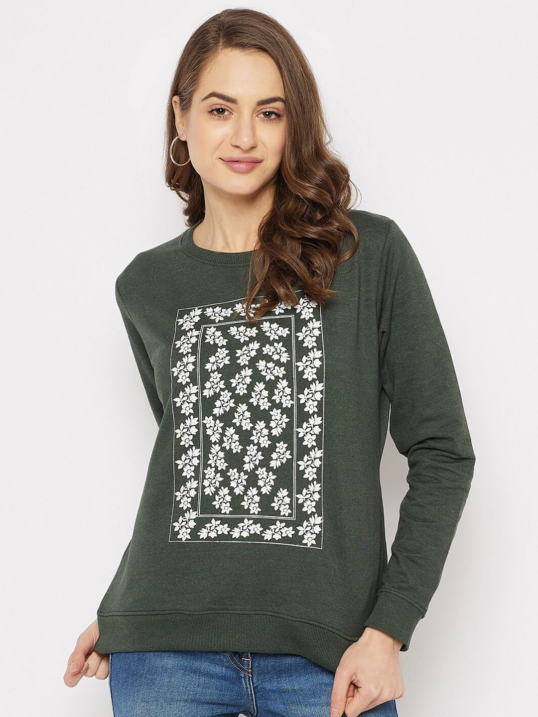 HARBORNBAY Women Olive Green & White Printed Sweatshirt Price in India