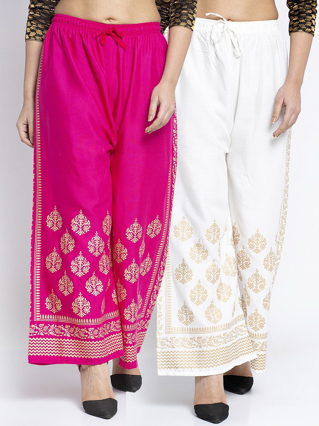 Jinfo Women Pink & Off White Set Of 2 Embroidered Straight Fit Palazzo Price in India