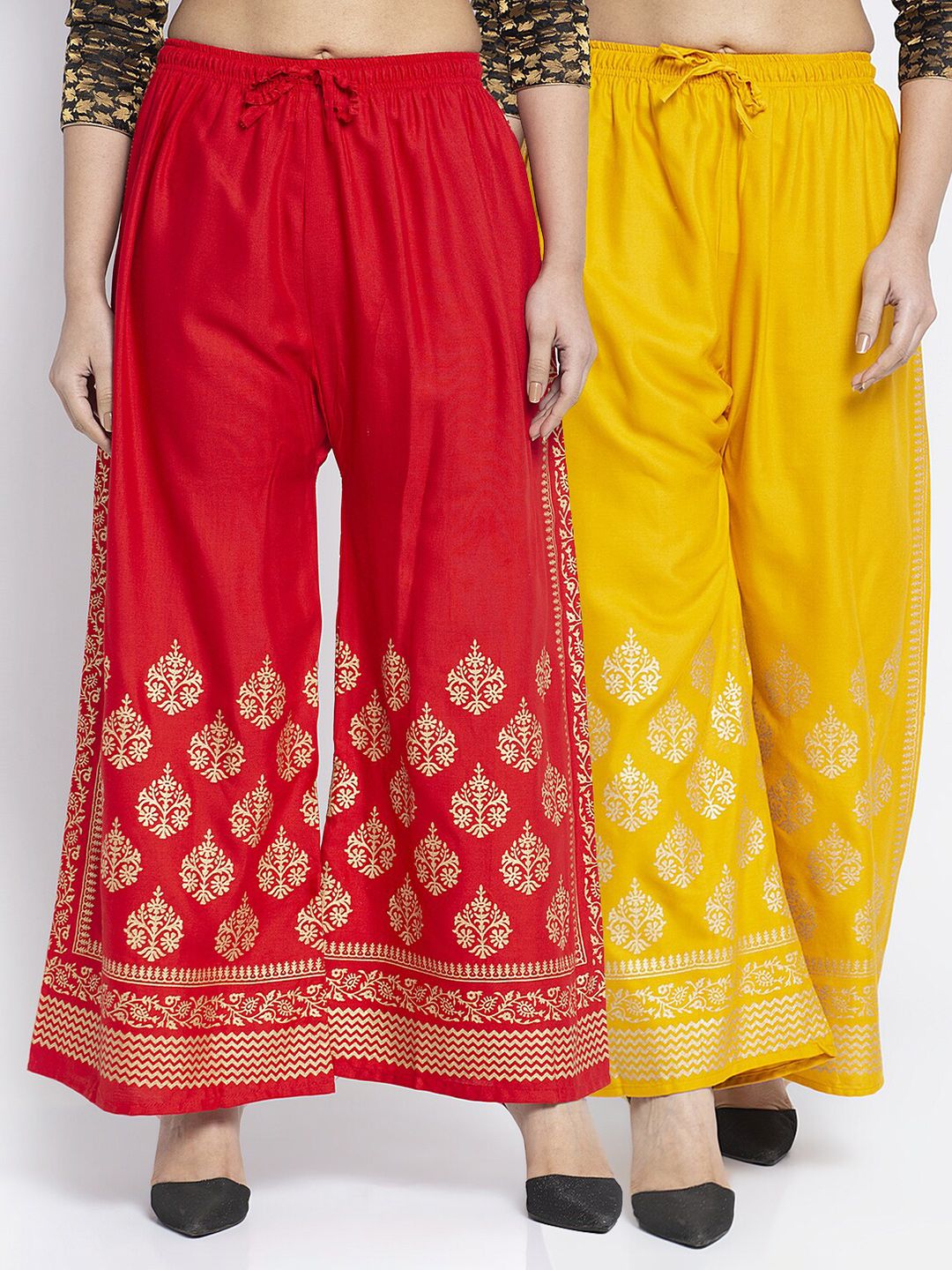 Jinfo Women Red & Yellow Ethnic Motifs Embroidered Knitted Ethnic Palazzos Price in India