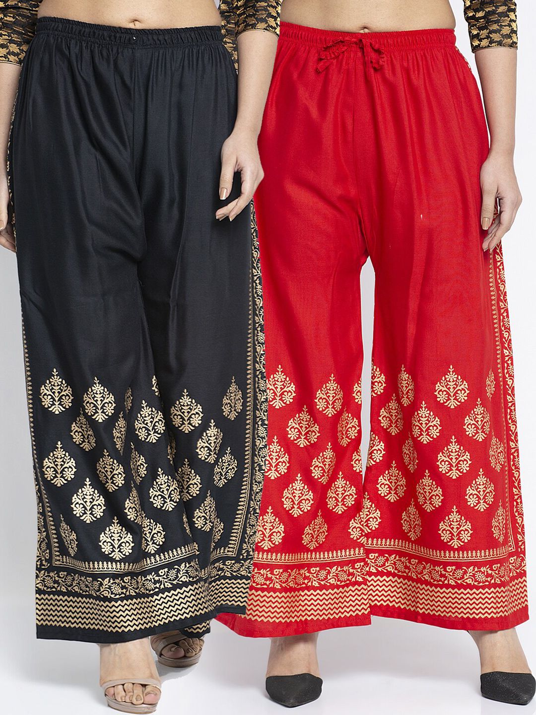 Jinfo Women Black & Red Set Of 2 Ethnic Motifs Printed Flared Fit Palazzo Price in India