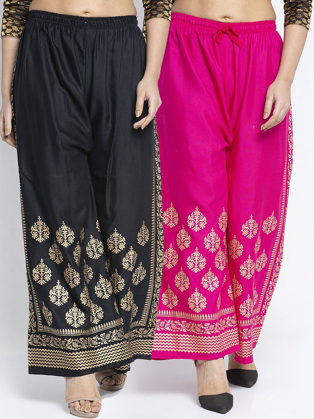 Jinfo Women Black & Pink Ethnic Motifs Printed Flared Knitted Ethnic Palazzos Price in India