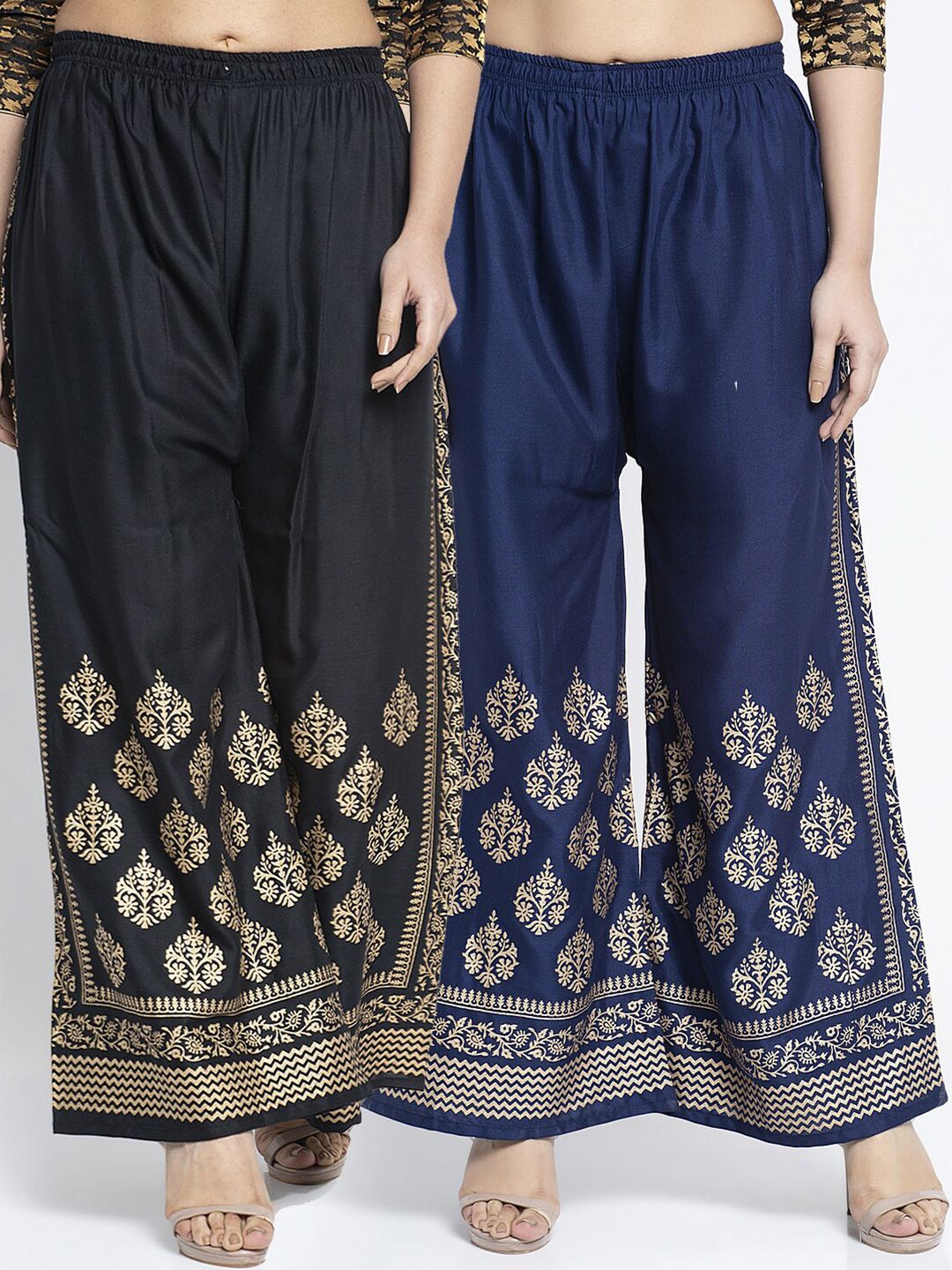 Jinfo Women Black & Navy Blue Set of 2 Ethnic Printed Flared Knitted Ethnic Palazzos Price in India