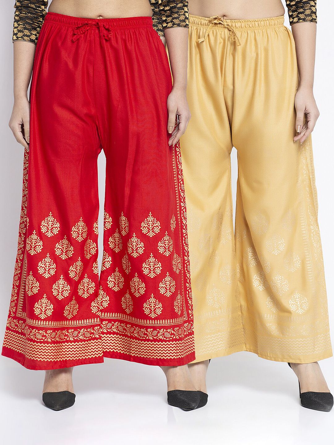 Jinfo Women Red & Beige Set Of 2 Ethnic Motifs Printed Flared Ethnic Palazzos Price in India