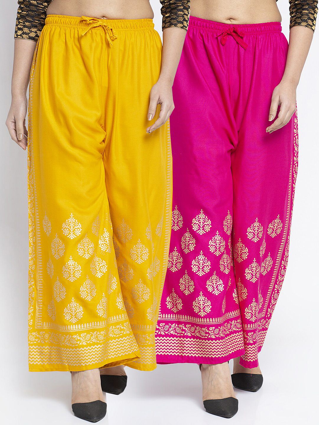 Jinfo Women Yellow & Pink Set of 2 Ethnic Motifs Printed Flared Knitted Ethnic Palazzos Price in India