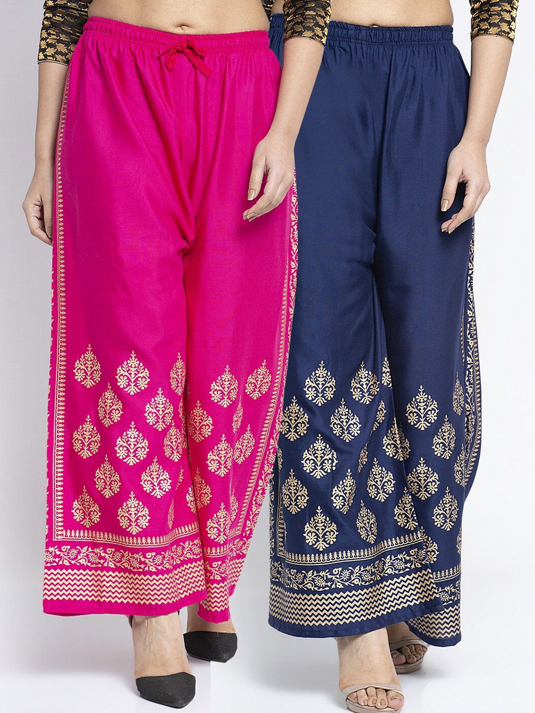 Jinfo Women Pink & Navy Blue Ethnic Motifs Embroidered Knitted Ethnic Palazzos Price in India