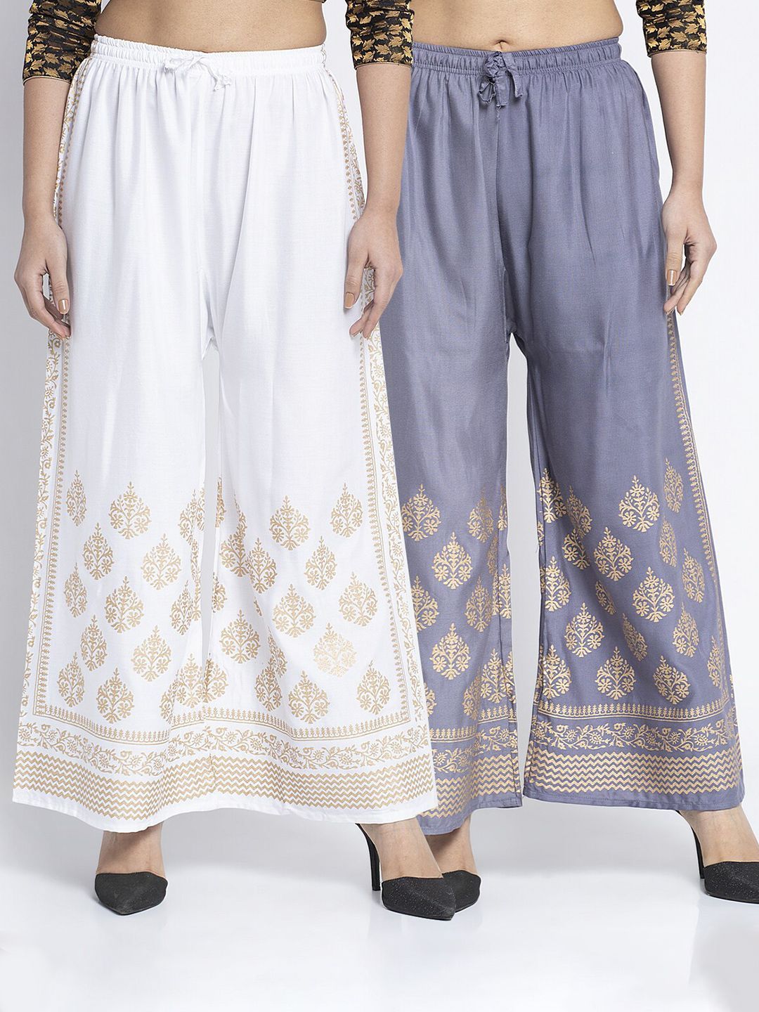 Jinfo Women White & Grey Set Of 2 Wide Leg Fit Palazzo Price in India