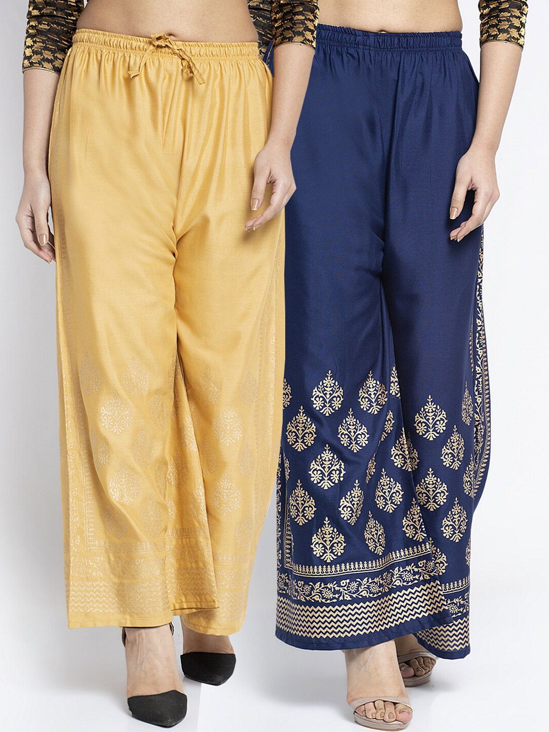 Jinfo Women Beige & Navy Blue Set of 2 Ethnic Printed Flared Knitted Ethnic Palazzos Price in India