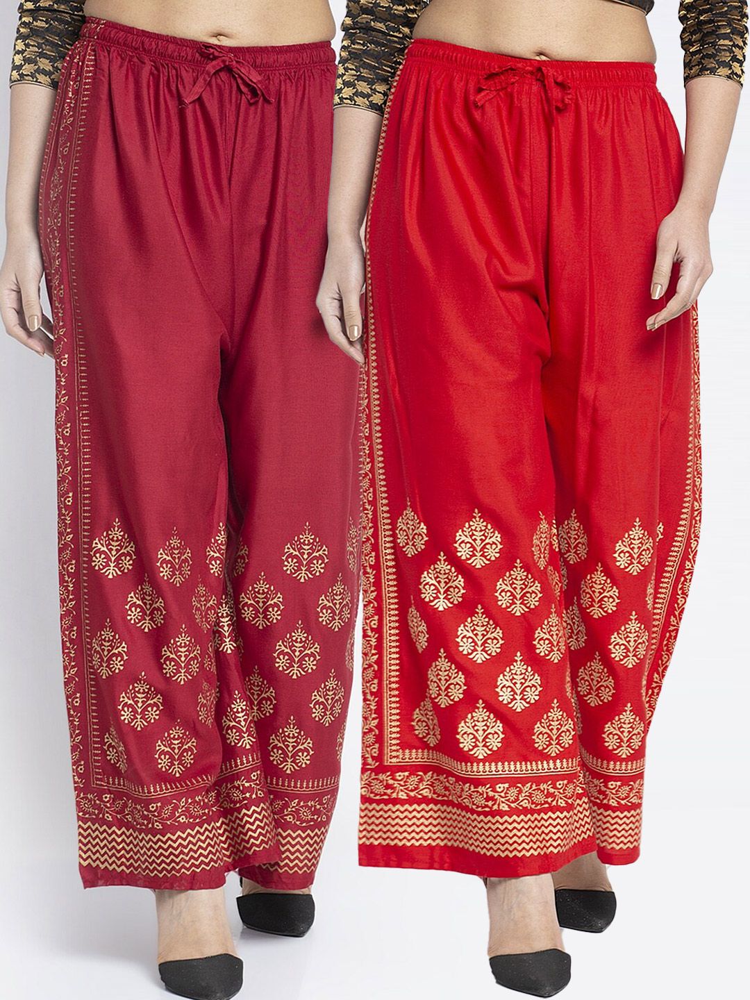 Jinfo Women Red & Maroon Ethnic Motifs Printed Flared Knitted Ethnic Palazzos Price in India