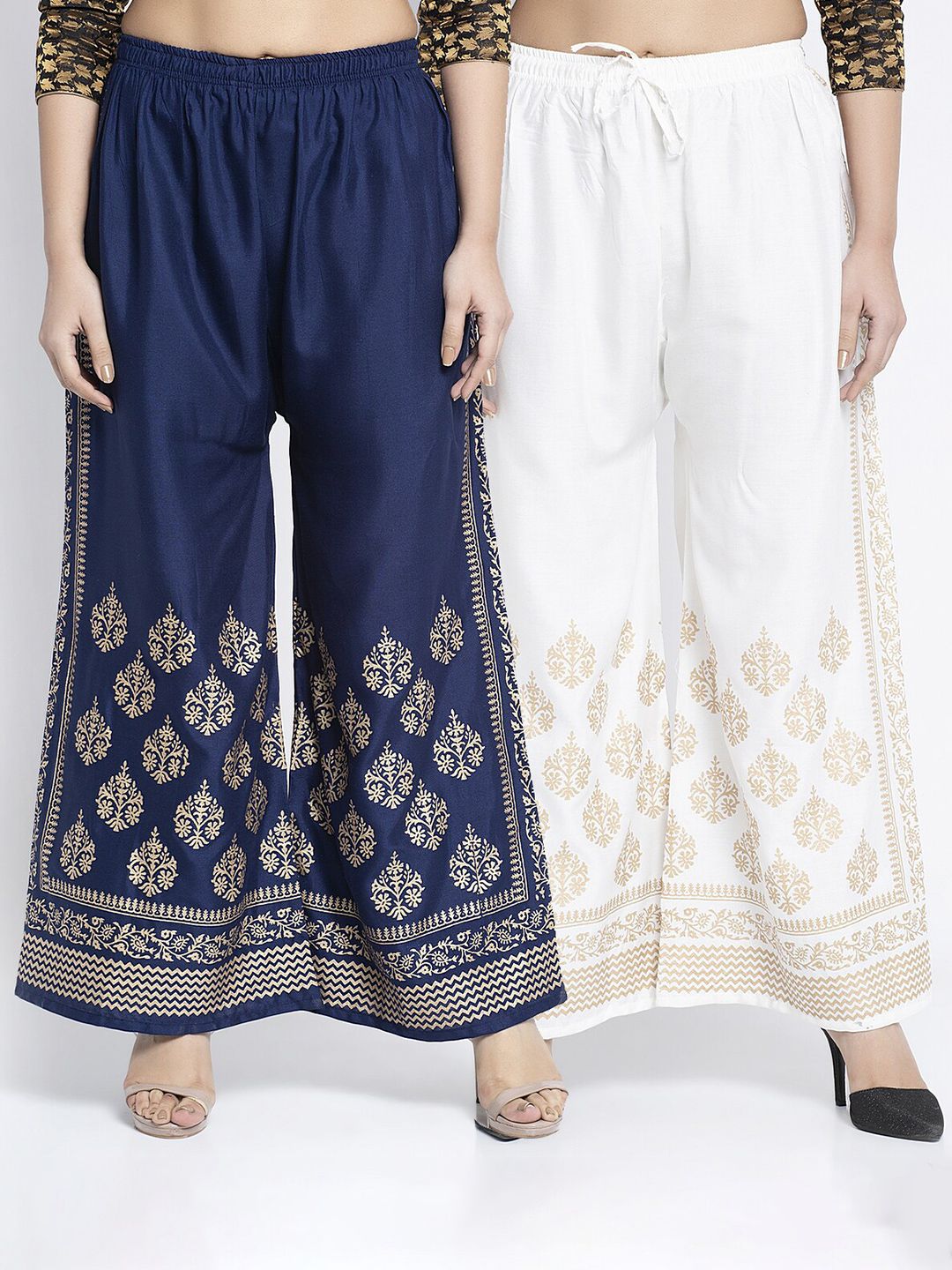 Jinfo Women Navy Blue & Off White Set of 2 Ethnic Motifs Printed Flared Knitted Palazzos Price in India