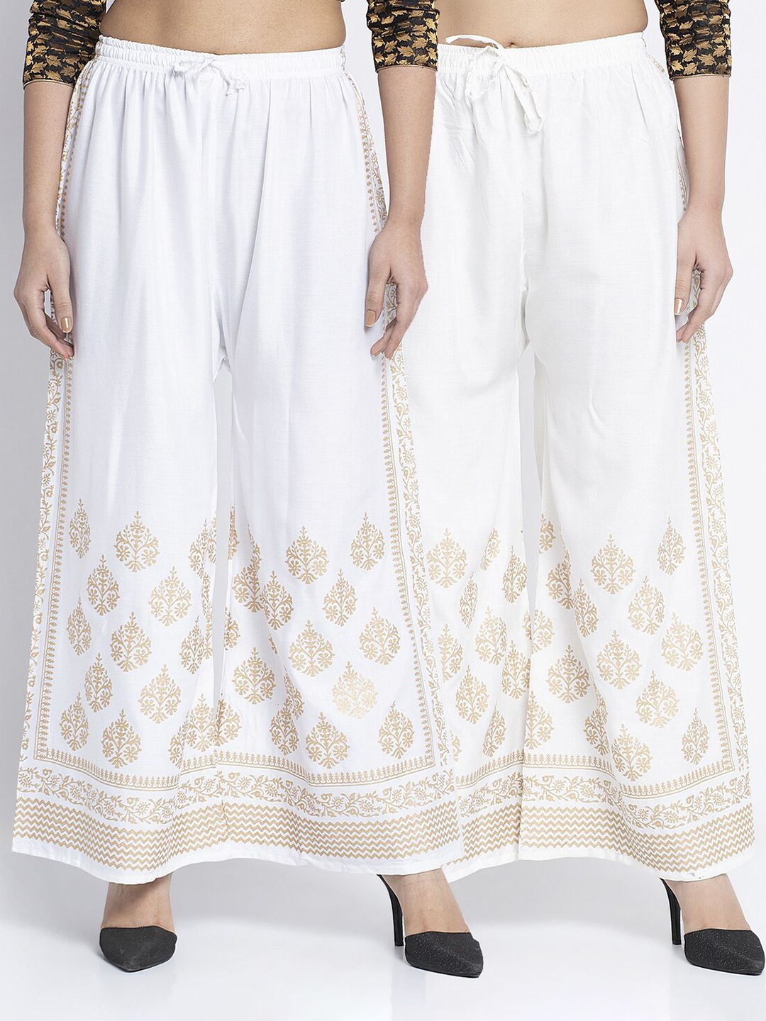 Jinfo Women White & Gold-Toned Embroidered Flared Knitted Ethnic Palazzos Price in India