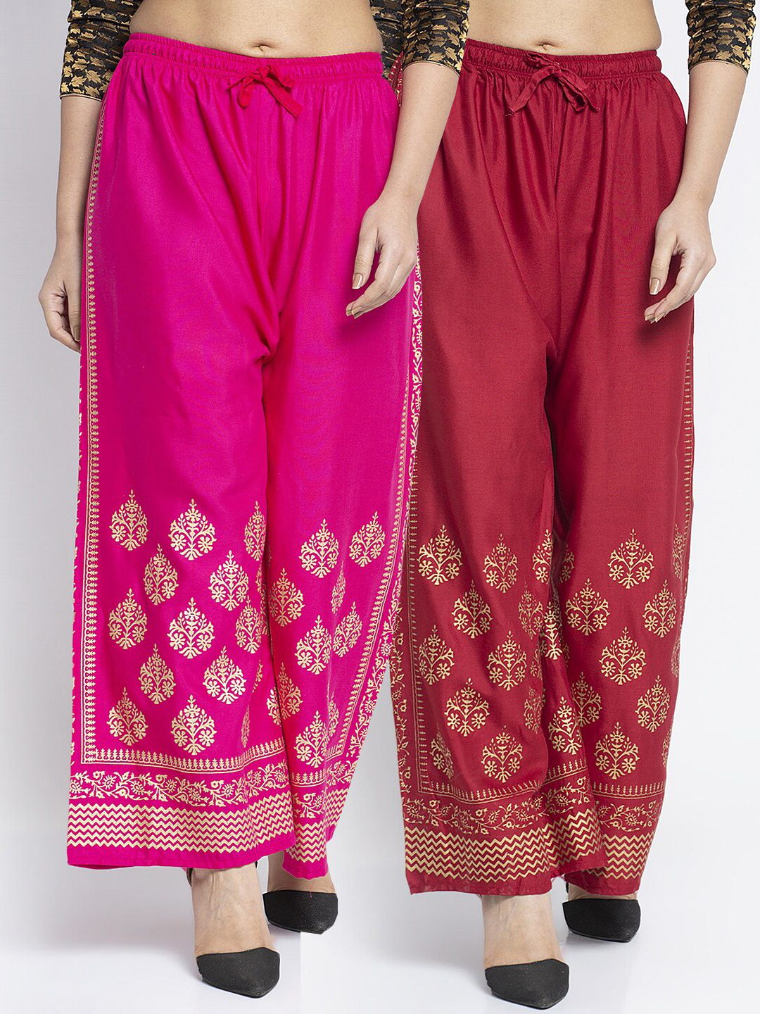 Jinfo Women Pink & Maroon Set of 2 Ethnic Motifs Printed Flared Knitted Ethnic Palazzos Price in India