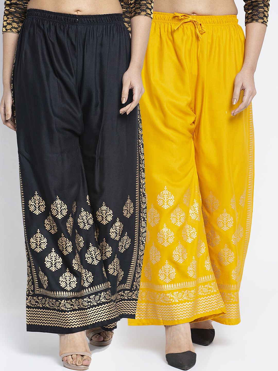 Jinfo Women Black & Yellow Ethnic Motifs Printed Flared Knitted Ethnic Palazzos Price in India