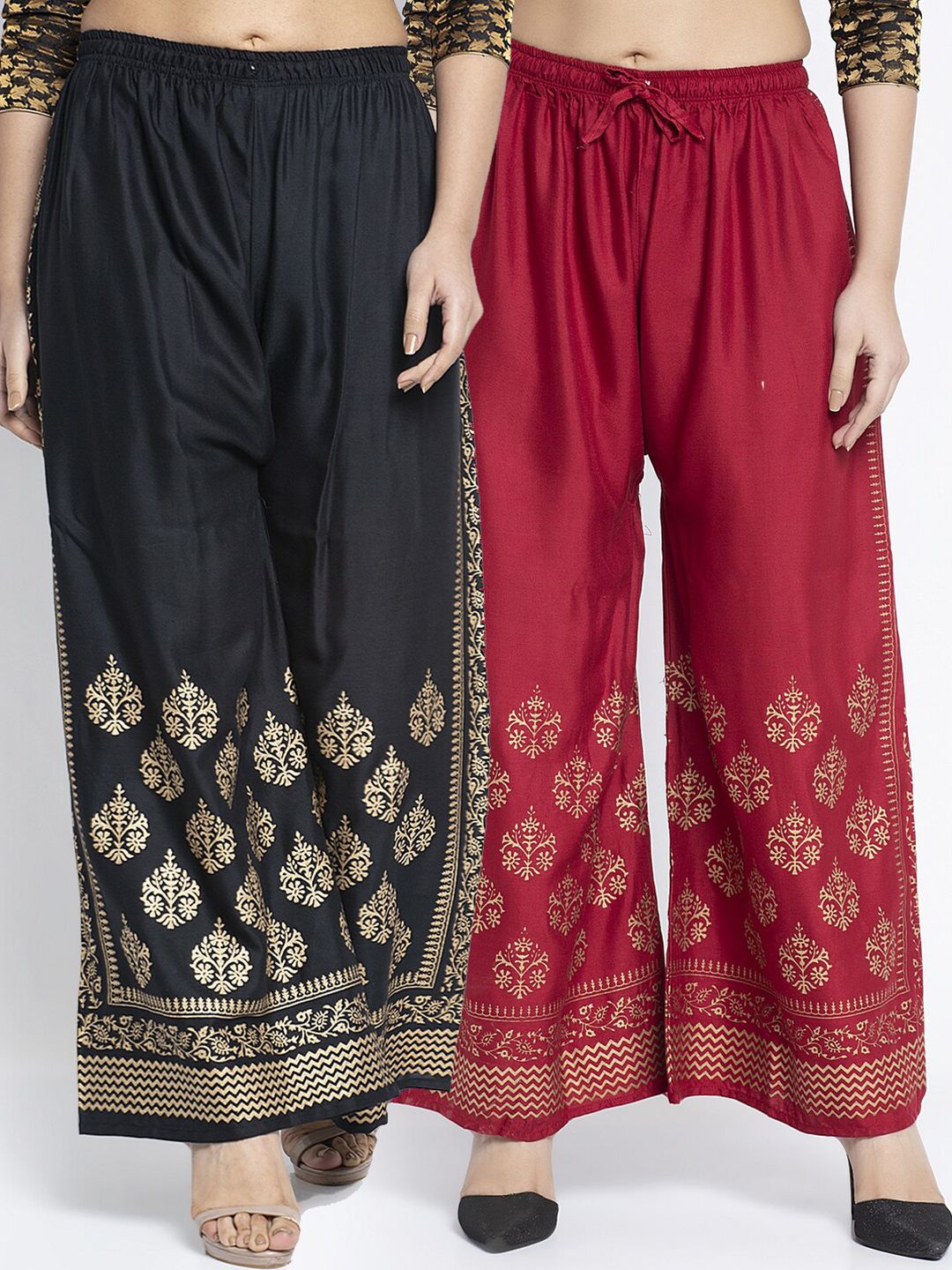 Jinfo Women Black & Maroon Set of 2 Ethnic Motifs Printed Flared Ethnic Palazzos Price in India