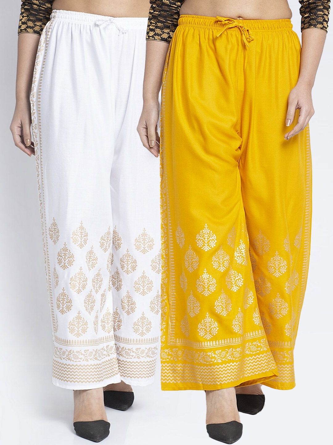 Jinfo Women White & Yellow Ethnic Motifs Embroidered Knitted Ethnic Palazzos Price in India