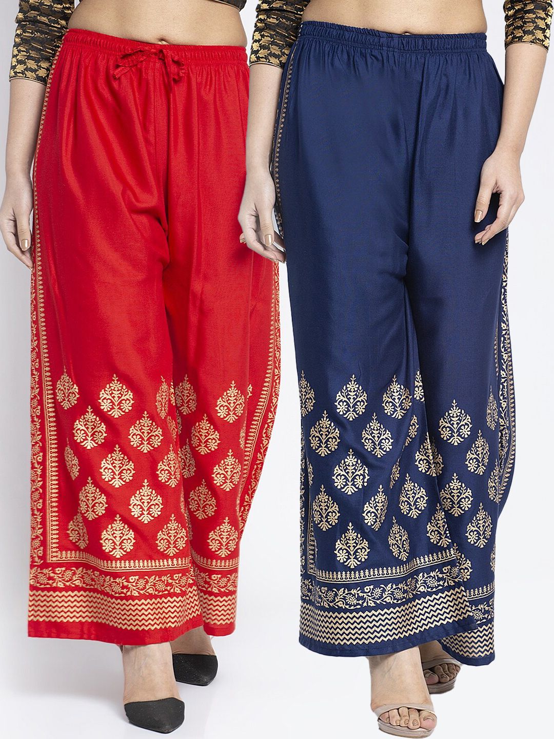 Jinfo Women Red & Navy Blue Ethnic Motifs Embroidered Knitted Ethnic Palazzos Price in India