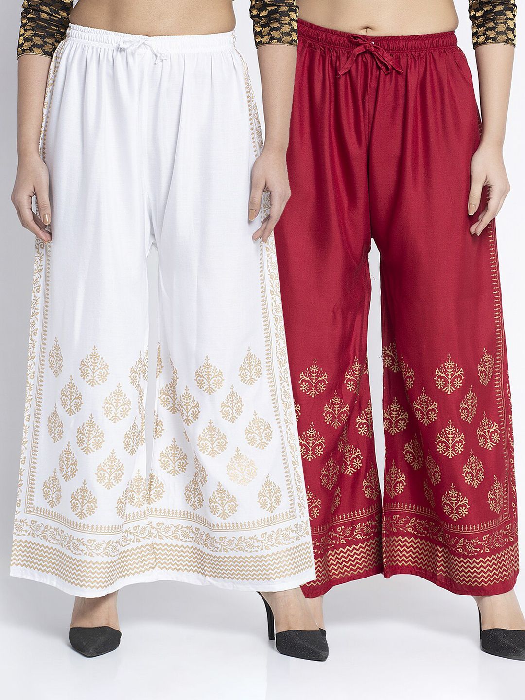 Jinfo Women White & Maroon Set Of 2 Printed Flared Fit Palazzo Price in India