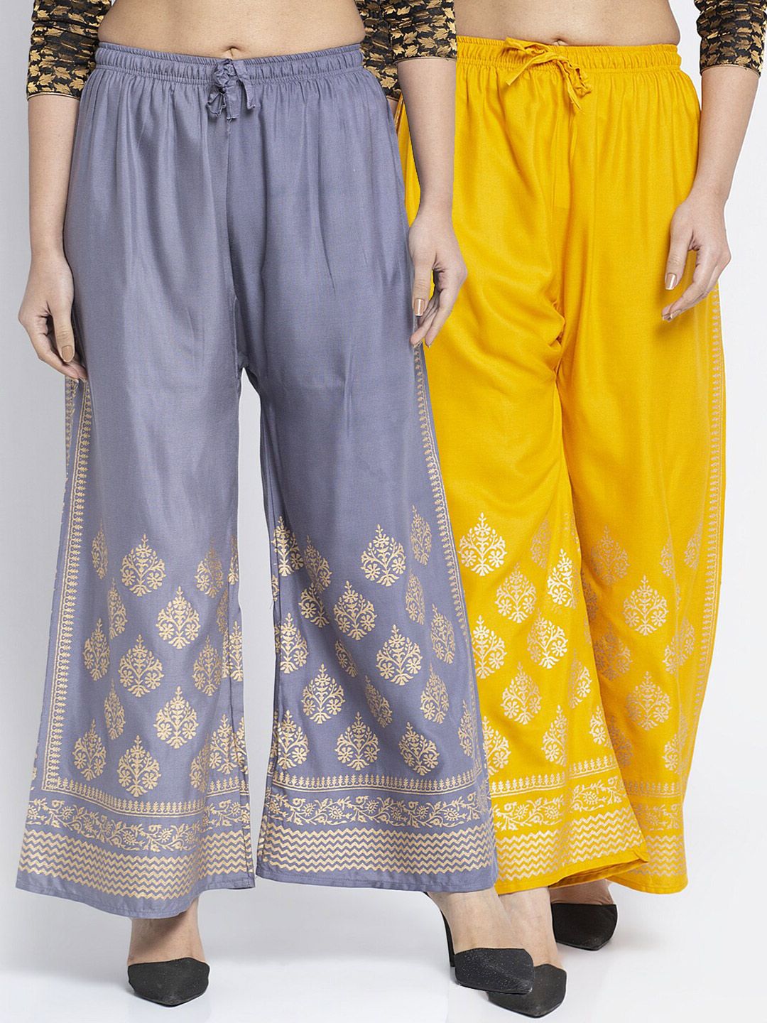 Jinfo Women Grey & Yellow Set of 2 Ethnic Motifs Printed Flared Knitted Ethnic Palazzos Price in India