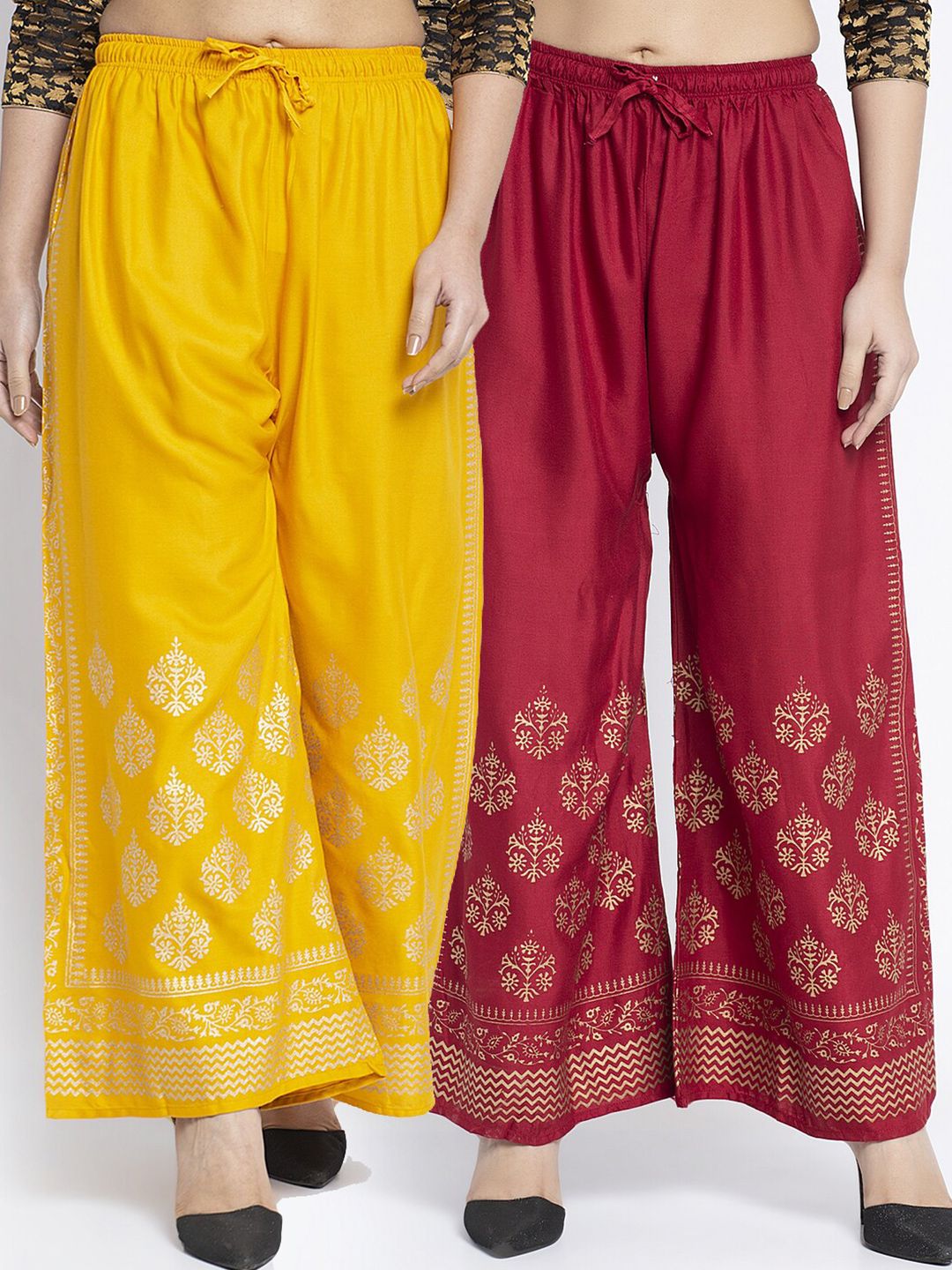 Jinfo Women Yellow & Maroon Set of 2 Ethnic Motifs Printed Flared Knitted Ethnic Palazzos Price in India