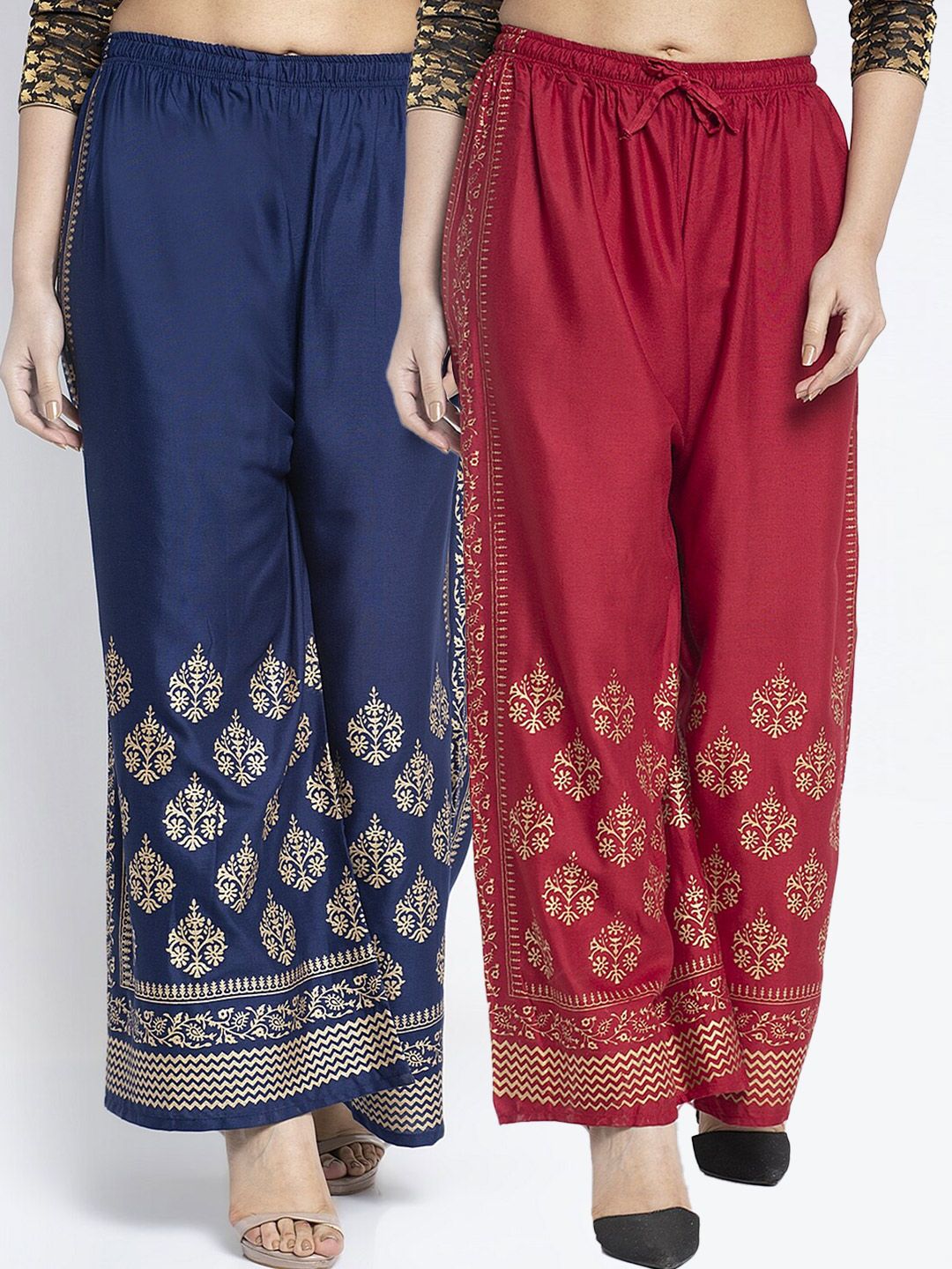 Jinfo Women Maroon & Navy Blue Set Of 2 Ethnic Motifs Printed Flared Ethnic Palazzos Price in India