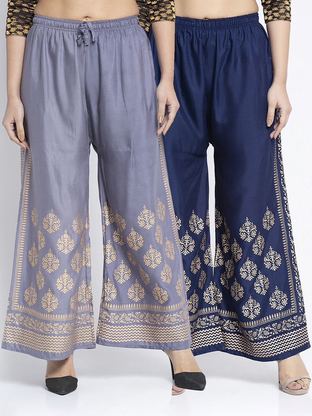 Jinfo Women Grey & Navy Blue Set of 2  Ethnic Printed  Flared Knitted Ethnic Palazzos Price in India