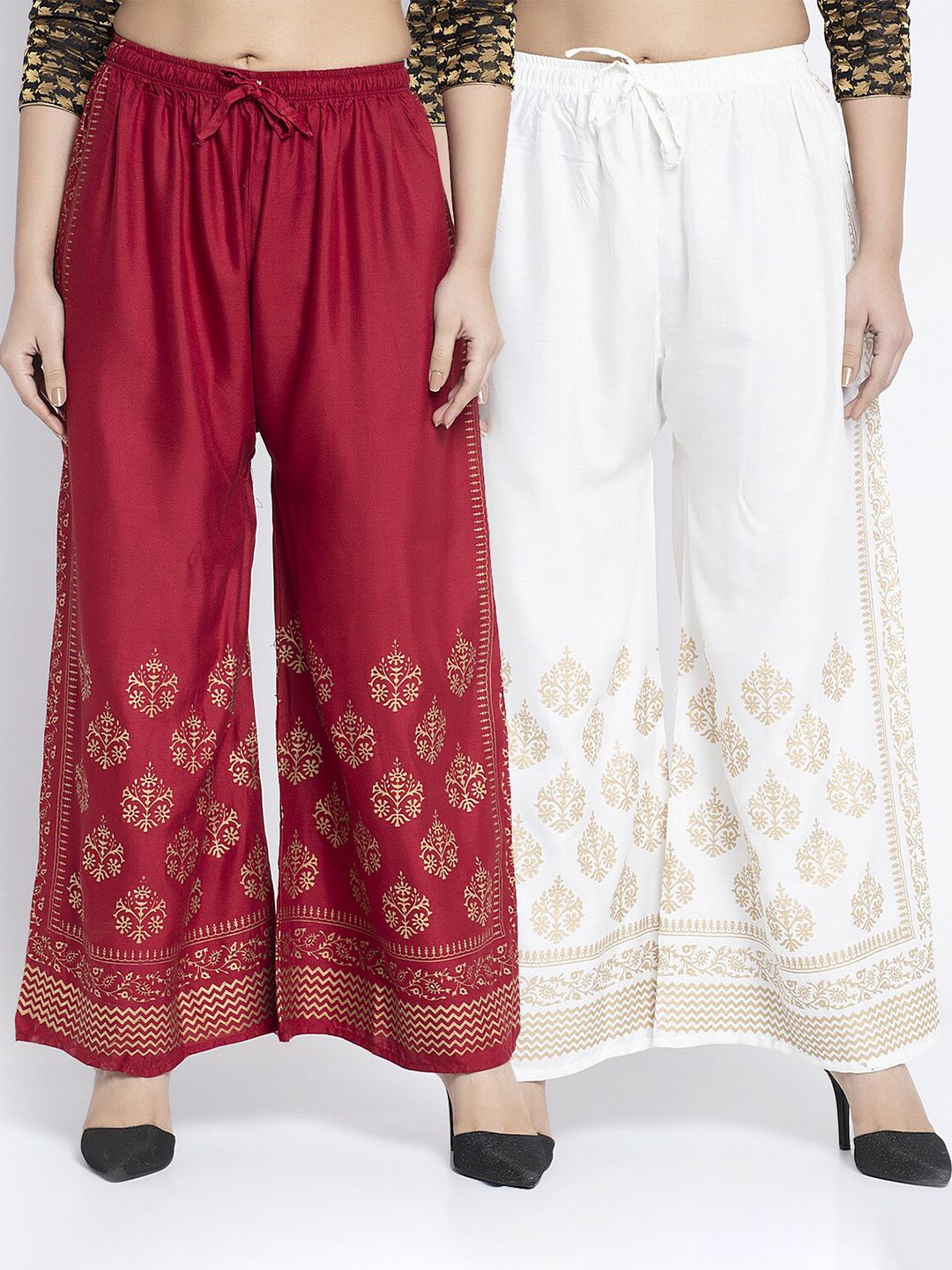 Jinfo Women Maroon & Off White Ethnic Motifs Printed Flared Knitted Ethnic Palazzos Price in India