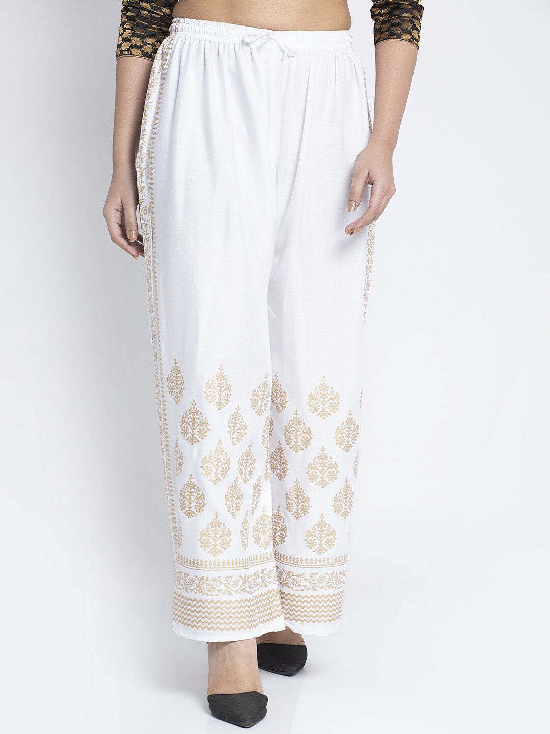 Jinfo Women White & Gold-Toned Ethnic Motifs Printed Palazzos Price in India