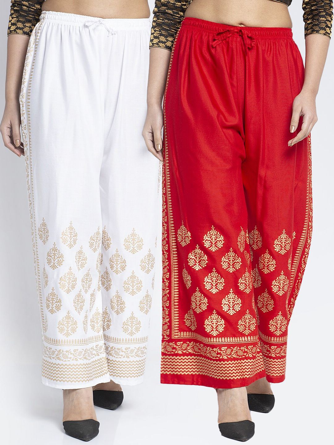 Jinfo Set Of 2 Women White & Red Ethnic Motifs Printed Flared Knitted Ethnic Palazzos Price in India