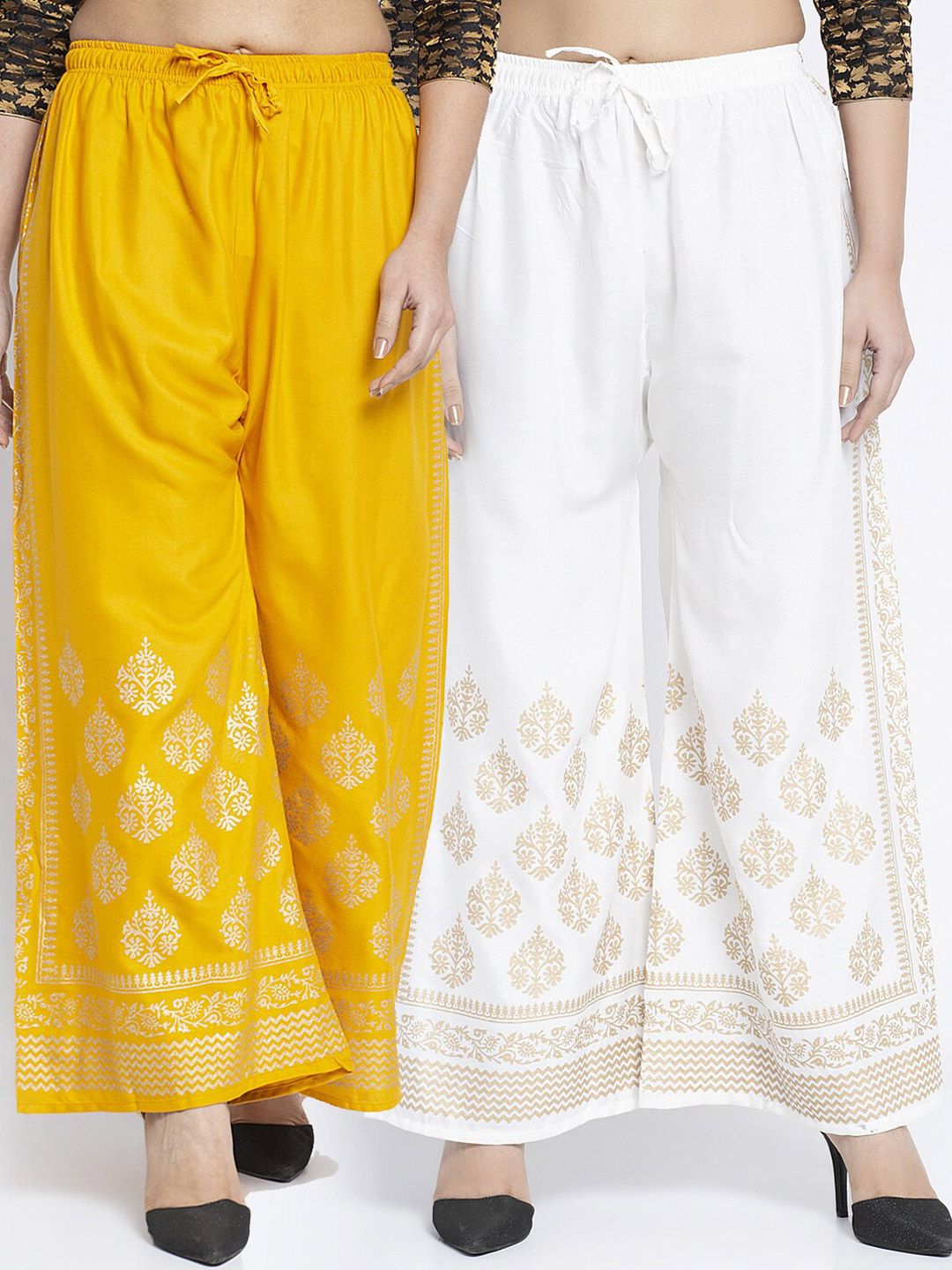 Jinfo Women Yellow & Off-White Set Of 2 Printed Flared Fit Palazzo Price in India