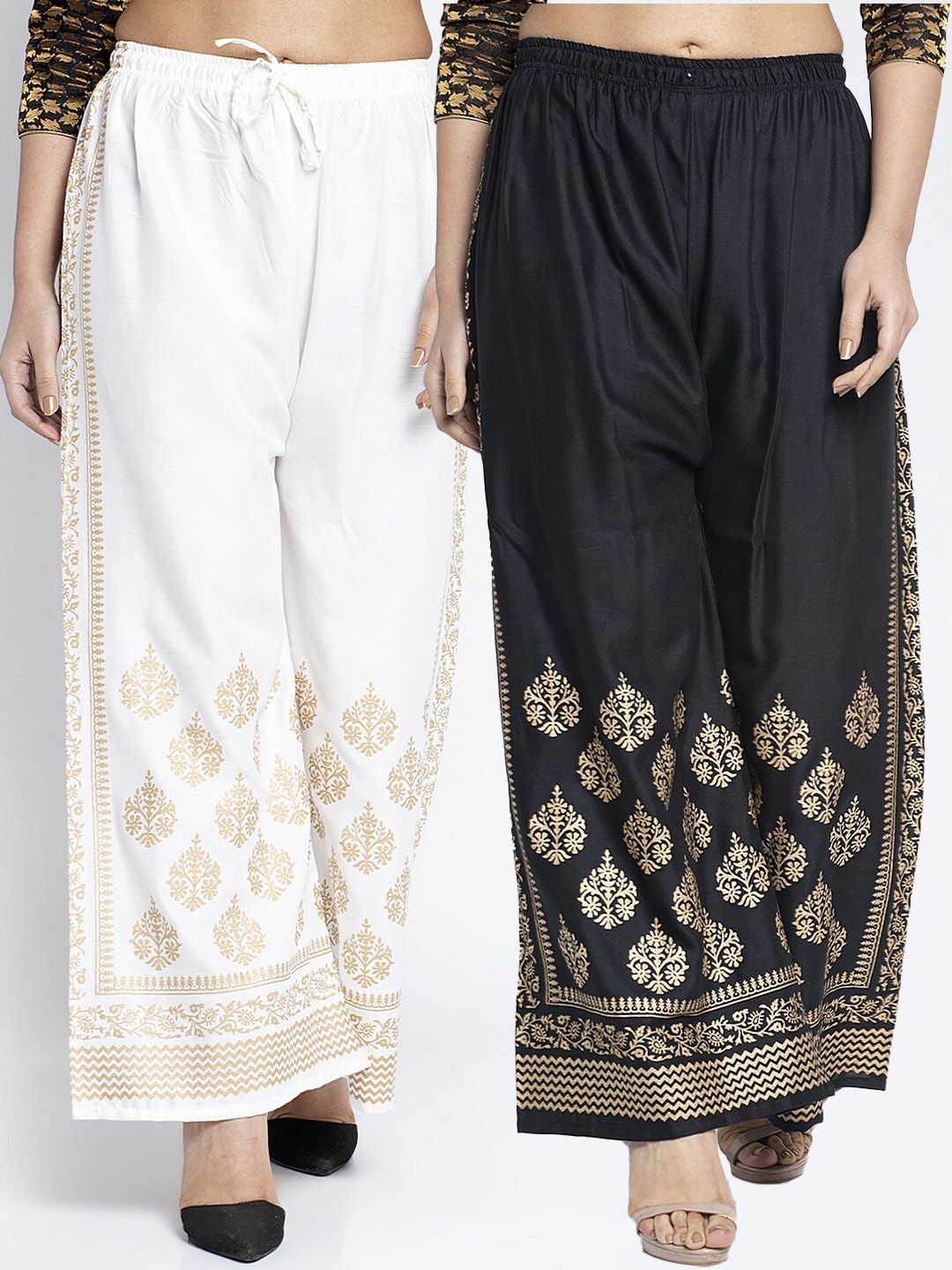 Jinfo Women Black & Off White Set Of 2 Printed Flared Fit Palazzo Price in India