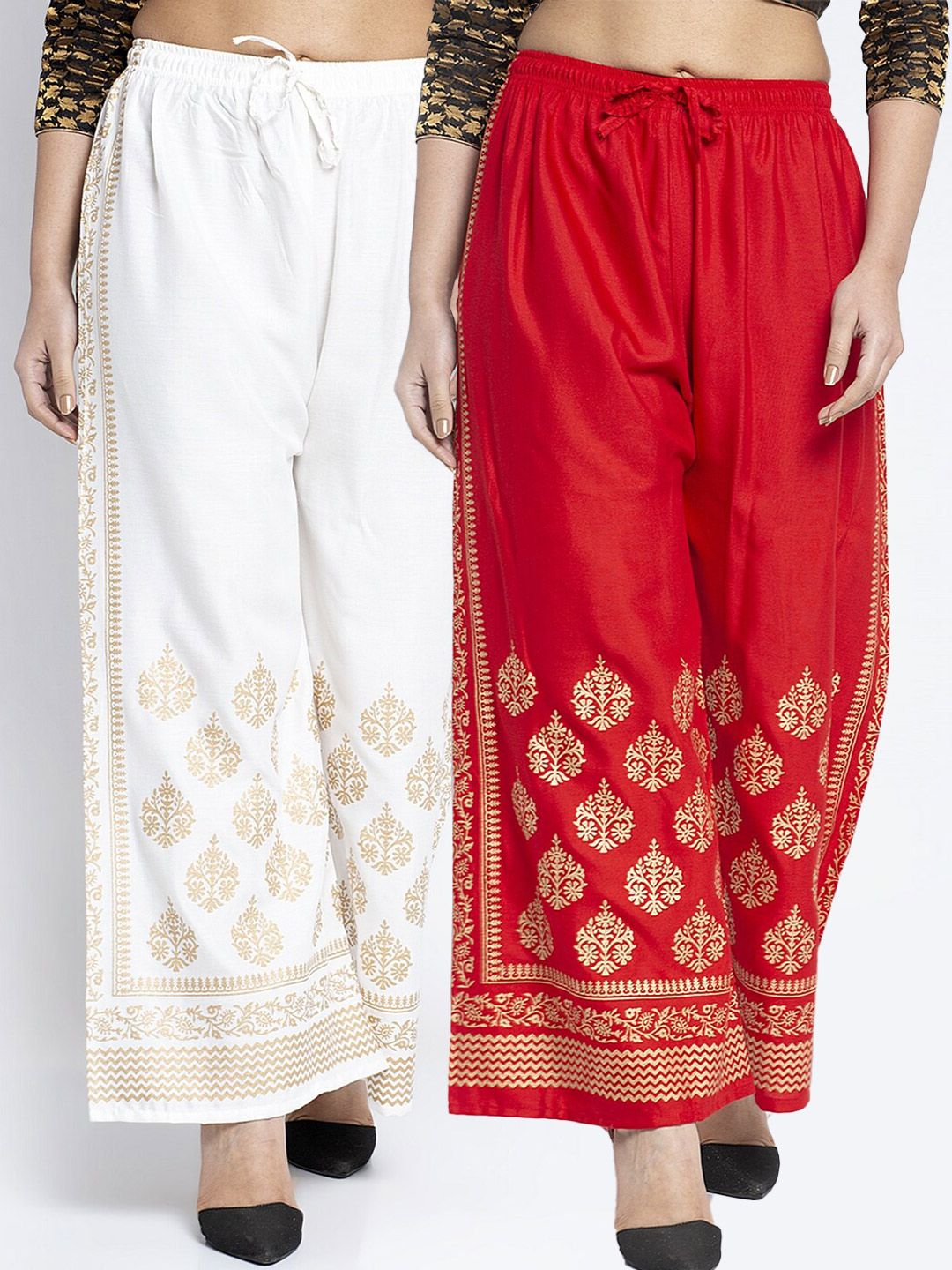 Jinfo Women Red & Off White Set of 2 Ethnic Printed  Flared Knitted Ethnic Palazzos Price in India