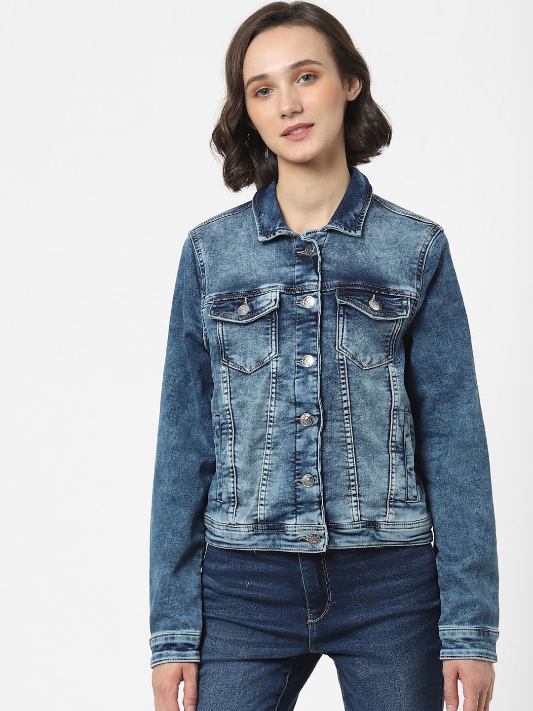 ONLY Women Blue Washed Lightweight Cotton Denim Jacket Price in India