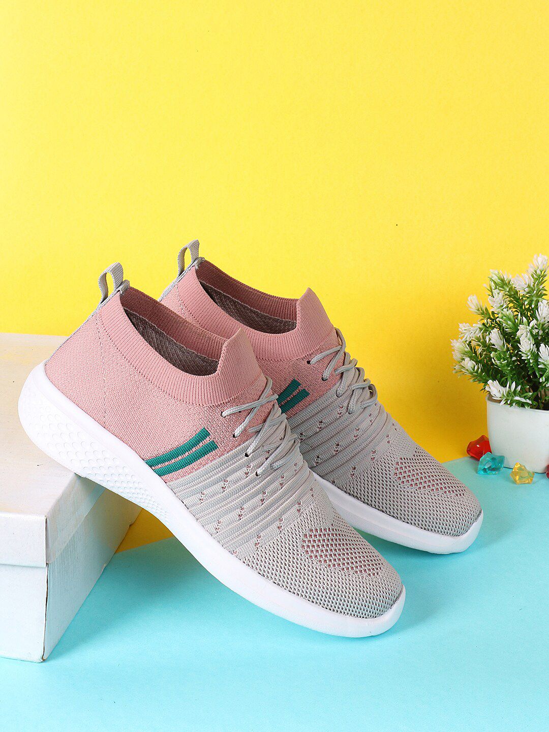 M7 by Metronaut Women Peach-Coloured & Grey Colourblocked Slip-On Sneakers Price in India
