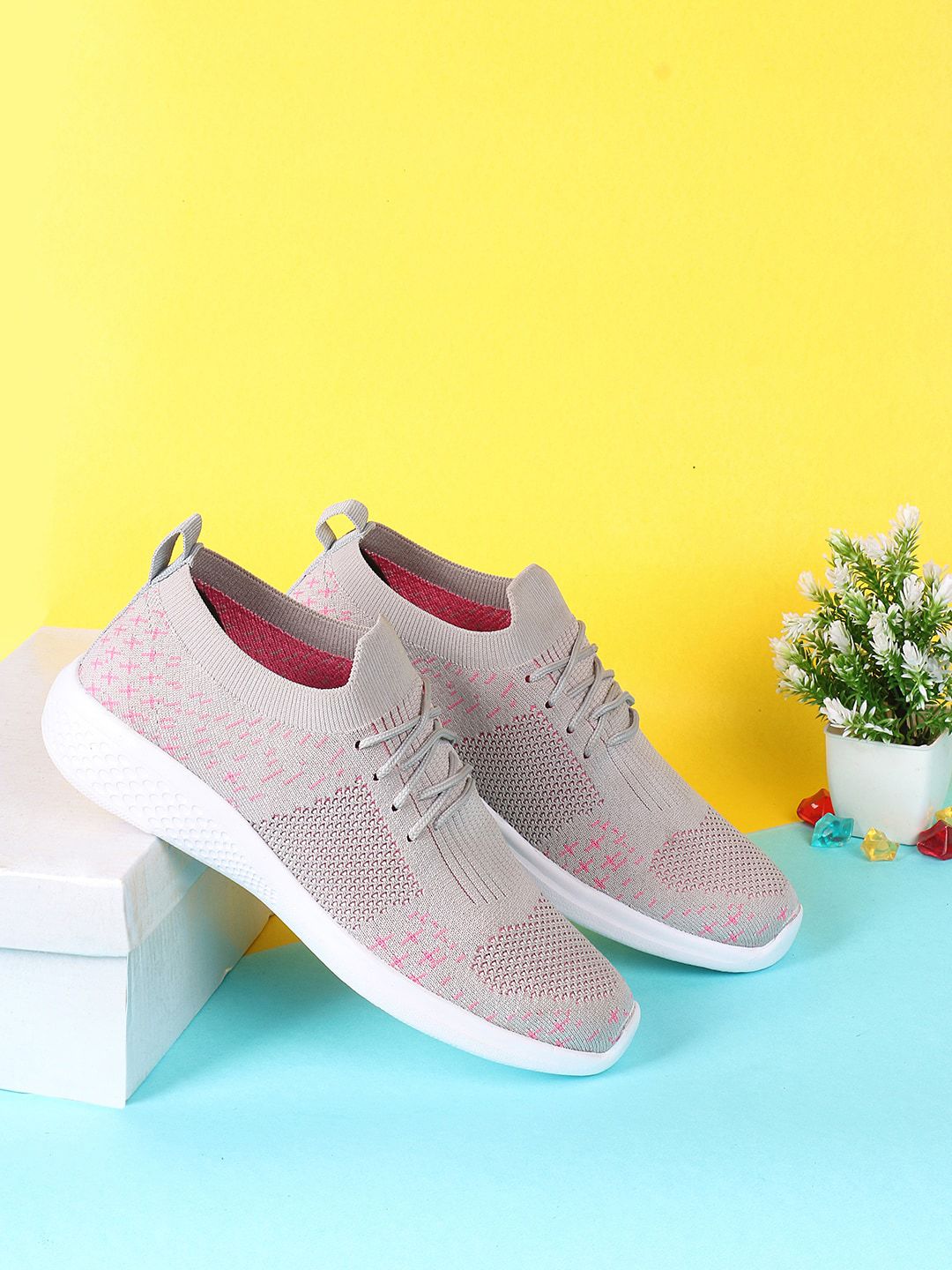 M7 by Metronaut Women Grey & Pink Woven Design Slip-On Sneakers Price in India