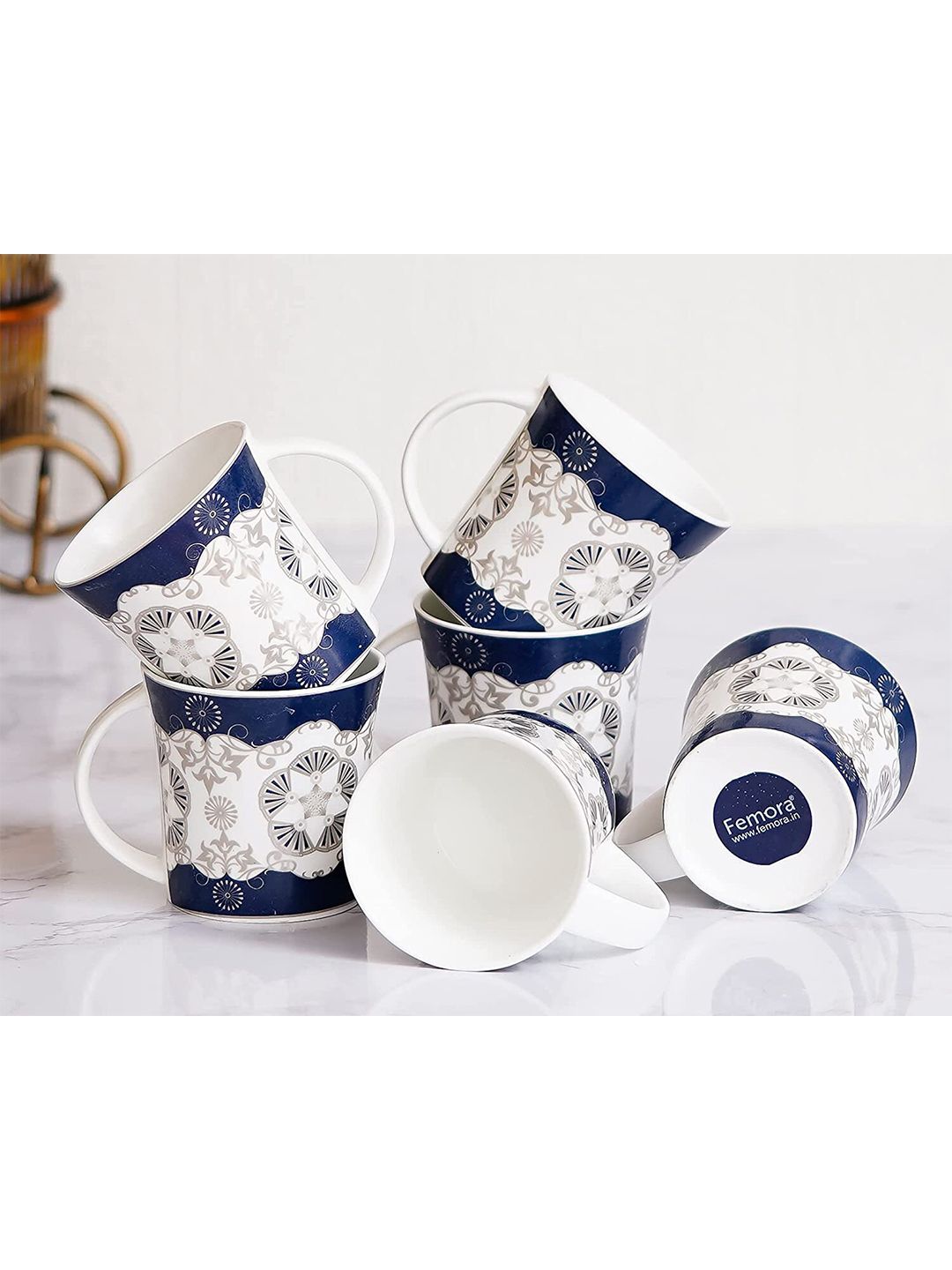 Femora Navy Blue & White Printed Set Of 6 Bone China Matte Cups Price in India