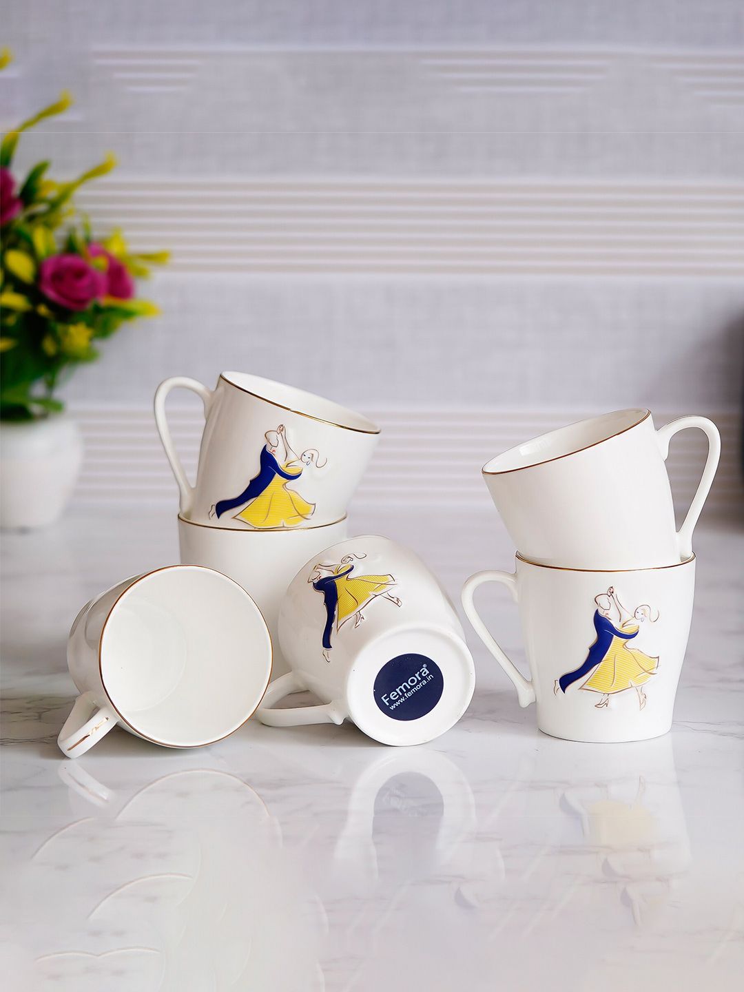 Femora Blue & Yellow Set Of 6 Printed Bone China Matte Cups Price in India