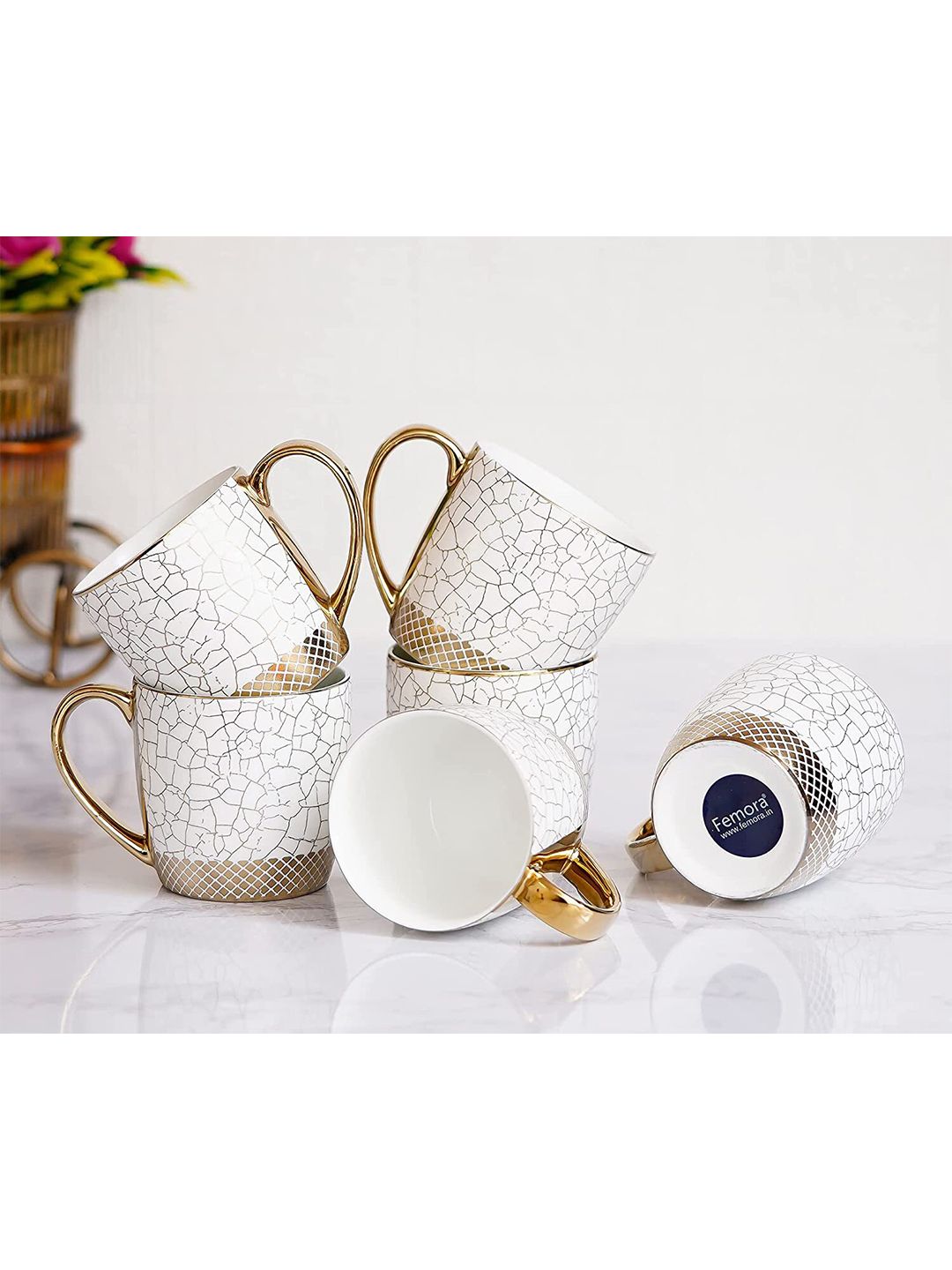 Femora Set-6 White & Gold-Toned Printed Bone China Glossy Cups Price in India