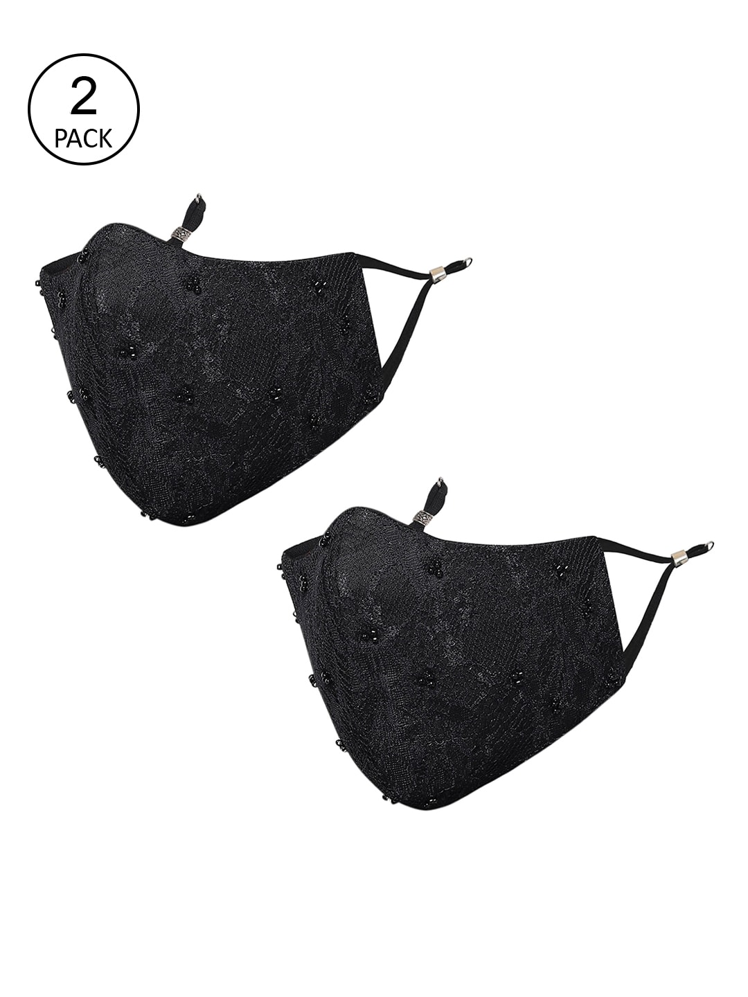 MASQ Pack of 2 Black Woven Design 4-Ply Reusable Cloth Masks with Beaded Detail Price in India
