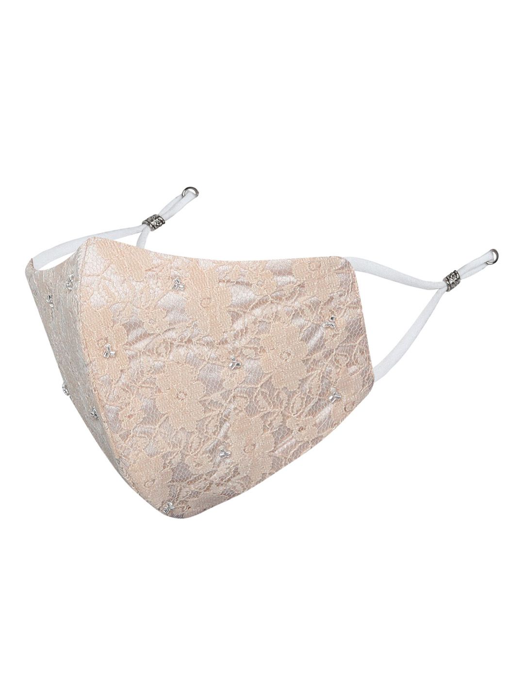 MASQ Women Peach-Coloured Lace 4-Ply Reusable Cloth Mask with Beaded Detail Price in India