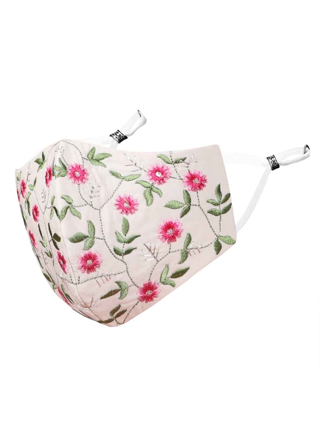 MASQ Women Cream-Coloured & Pink Floral Embroidered 4-Ply Outdoor Cloth Mask Price in India