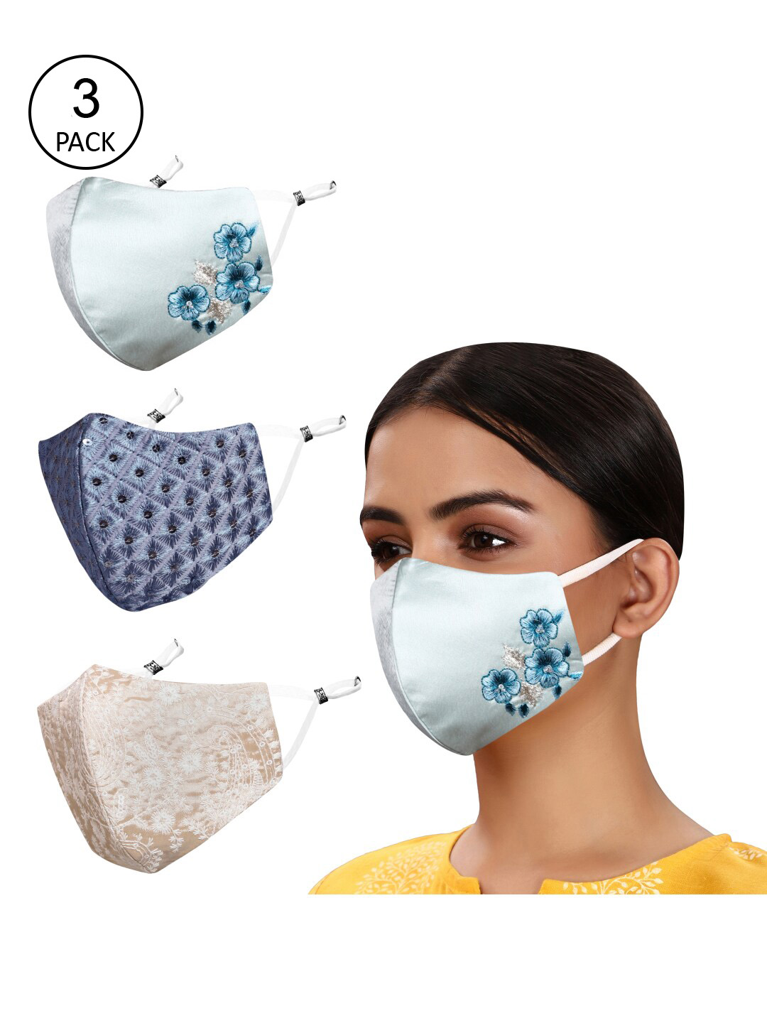MASQ Pack of 3 Embroidered 4-Ply Reusable Anti-Pollution Cloth Masks Price in India