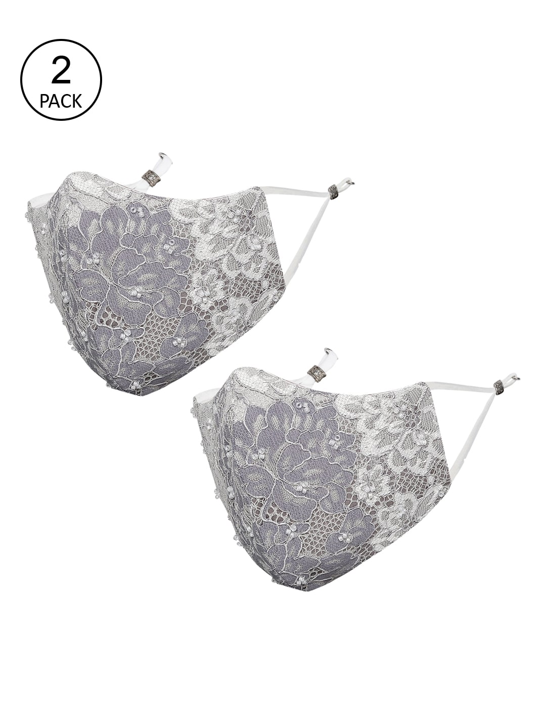 MASQ Pack of 2 Grey Lace 4-Ply Reusable Cloth Face Masks with Beaded Detail Price in India