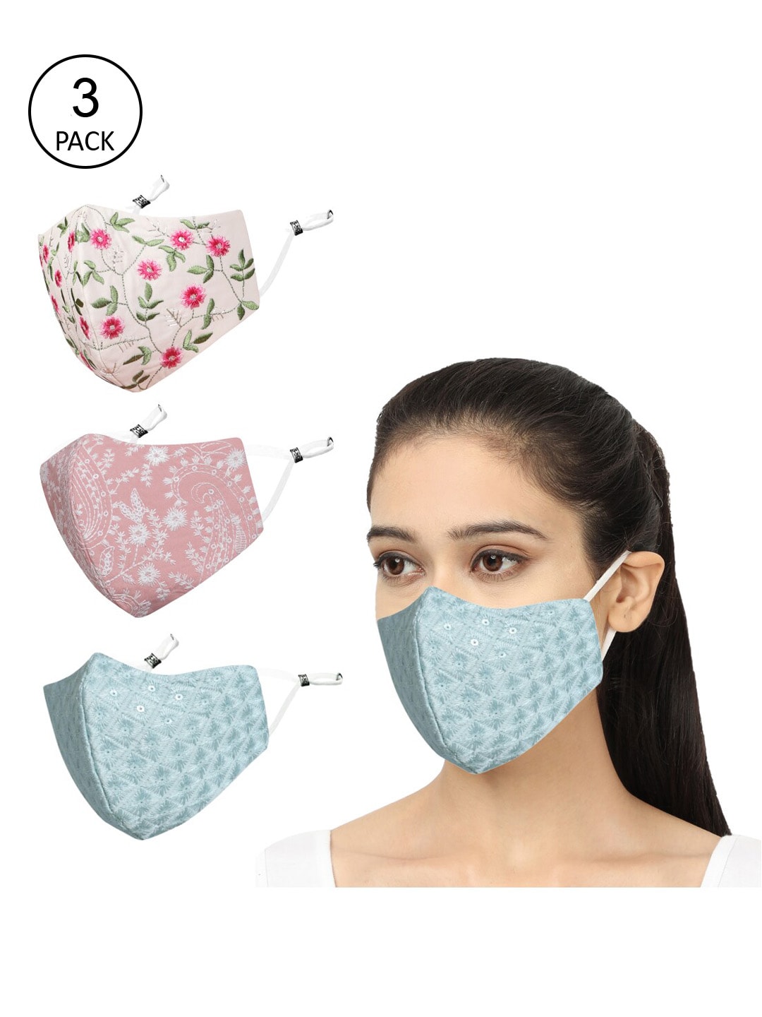 MASQ Pack of 3 Embroidered 4-Ply Adjustable Outdoor Cloth Masks Price in India
