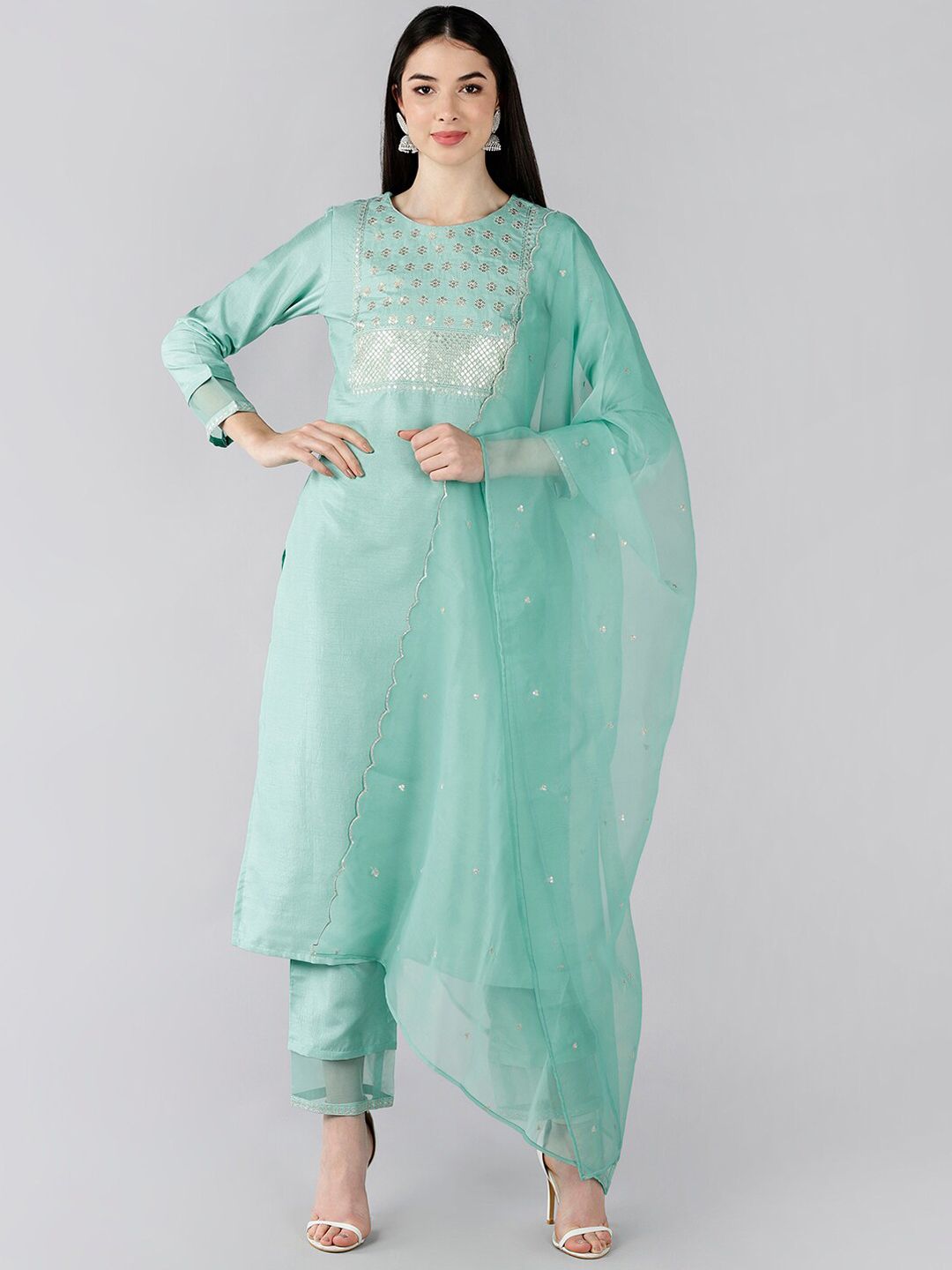 AHIKA Women Sea Green Kurta with Dhoti Pants & With Dupatta Price in India