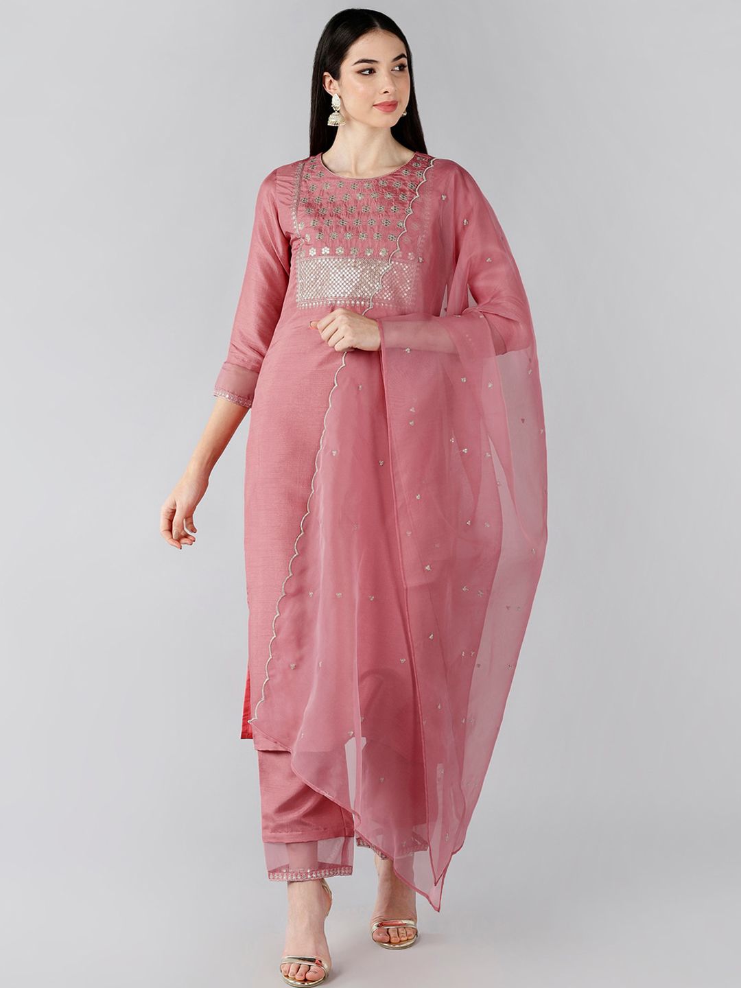 AHIKA Women Pink Floral Embroidered Kurta with Trousers & With Dupatta Price in India