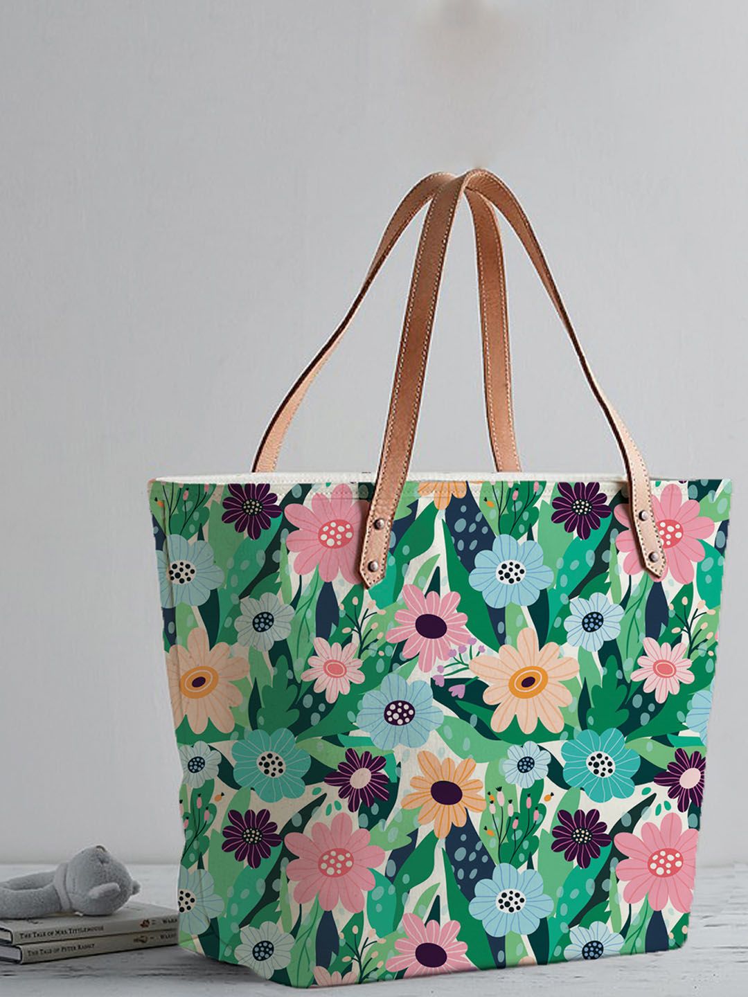 STYBUZZ Green Floral Printed Oversized Shopper Tote Bag with Tasselled Price in India