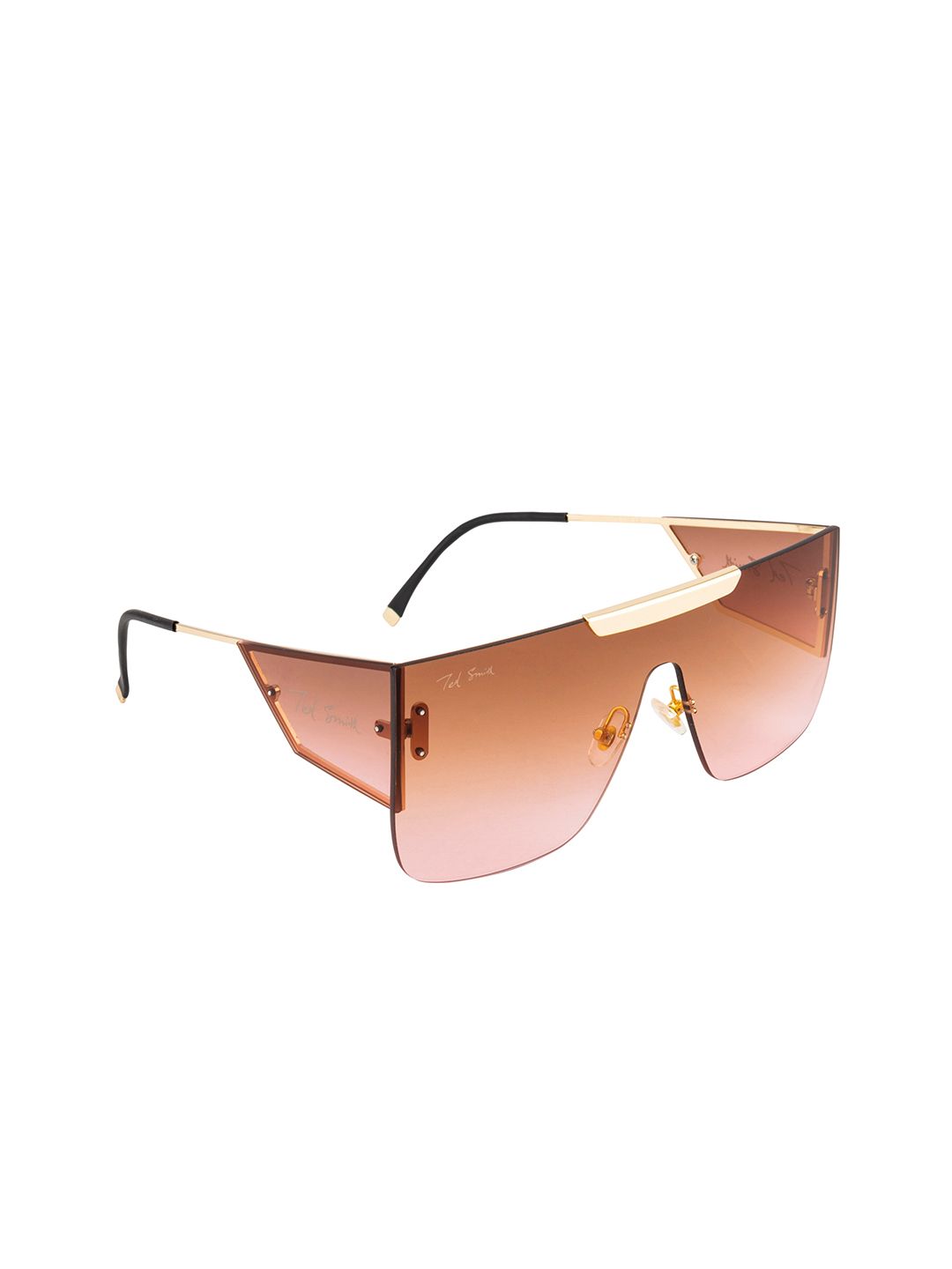 Ted Smith Unisex Brown Lens & Gold-Toned Shield Sunglasses with UV Protected Lens BISON_C5 Price in India