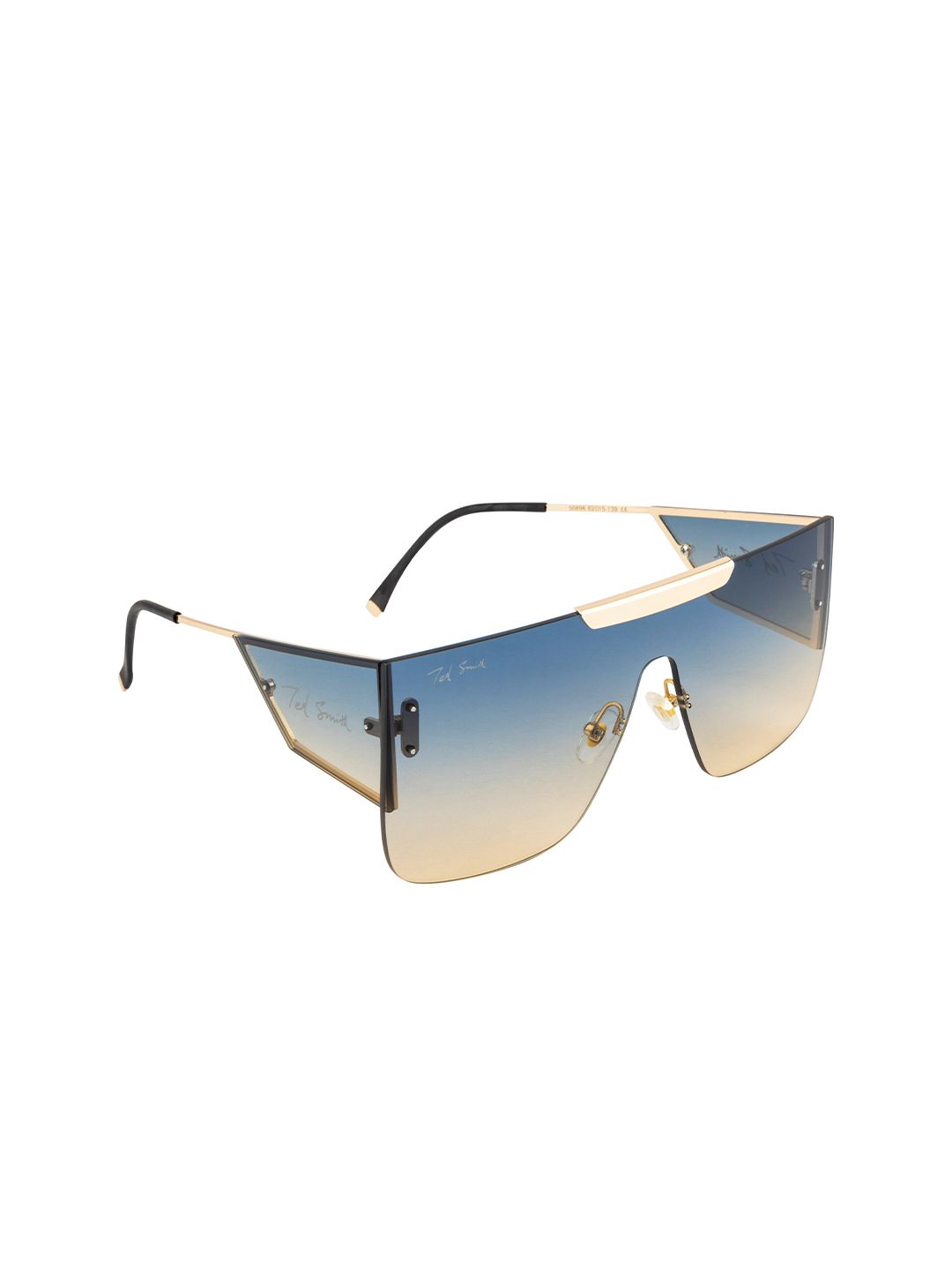 Ted Smith Unisex Blue Lens & Gold-Toned Shield Sunglasses with UV Protected Lens Price in India